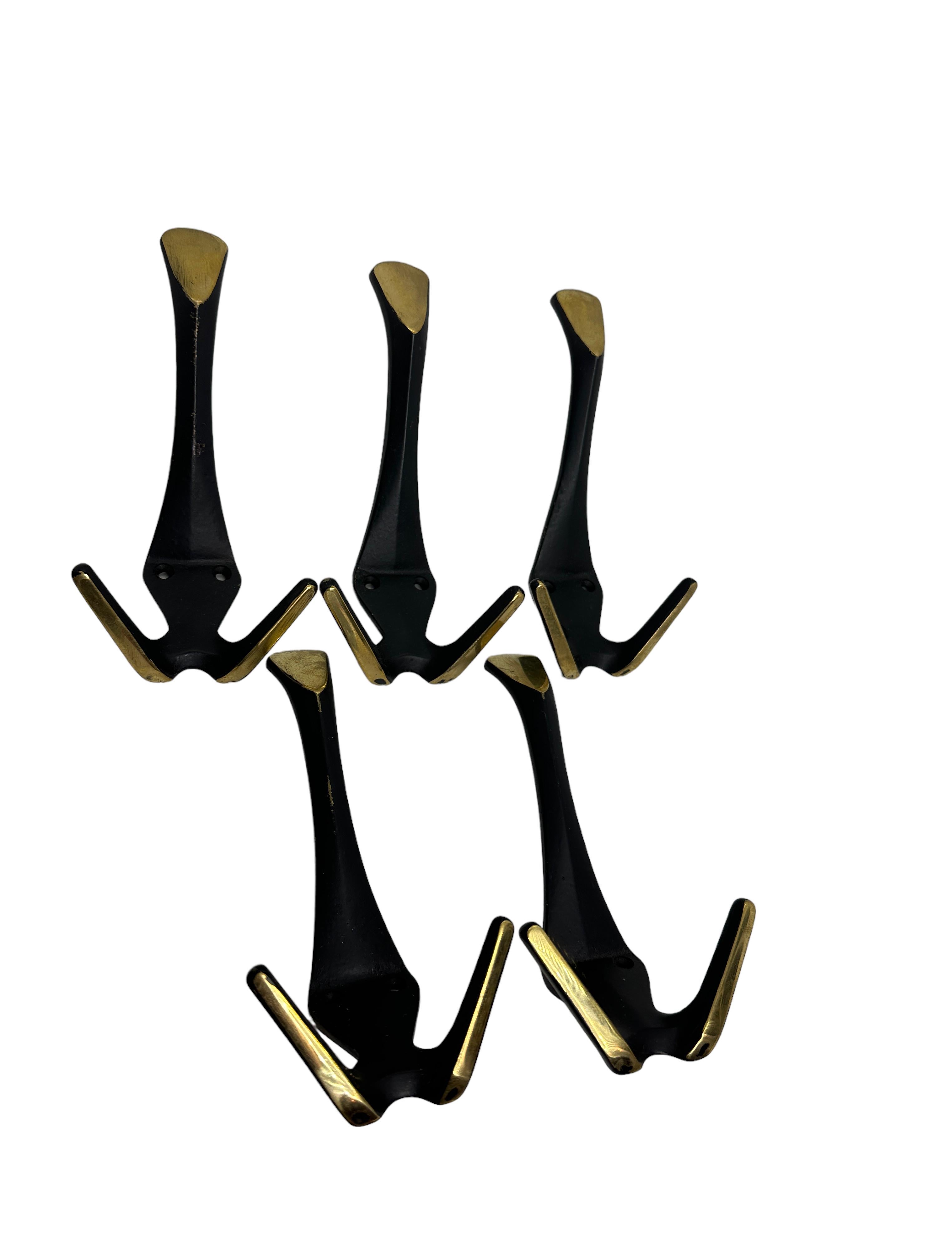 Metal Set of Five Coat Wall Coat Hooks, Black and Brass, Mid-Century Modern, 1950s For Sale