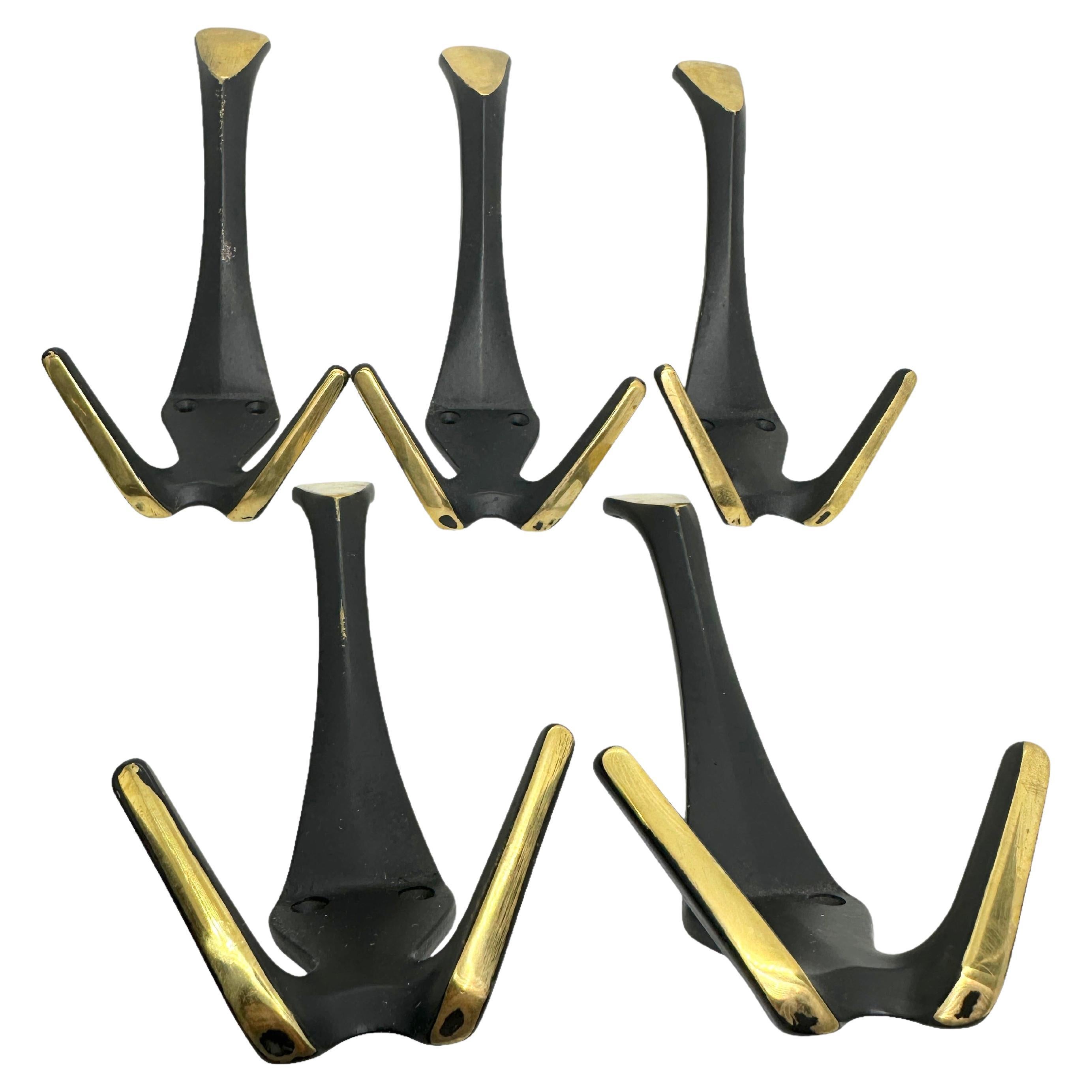 Set of Five Coat Wall Coat Hooks, Black and Brass, Mid-Century Modern, 1950s For Sale