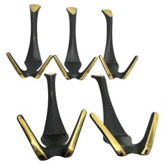 Retro Set of Five Coat Wall Coat Hooks, Black and Brass, Mid-Century Modern, 1950s