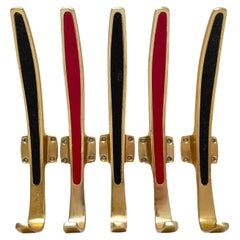Set of Five Coat Wall Hooks, Black and Red, Mid-Century Modern, 1950s