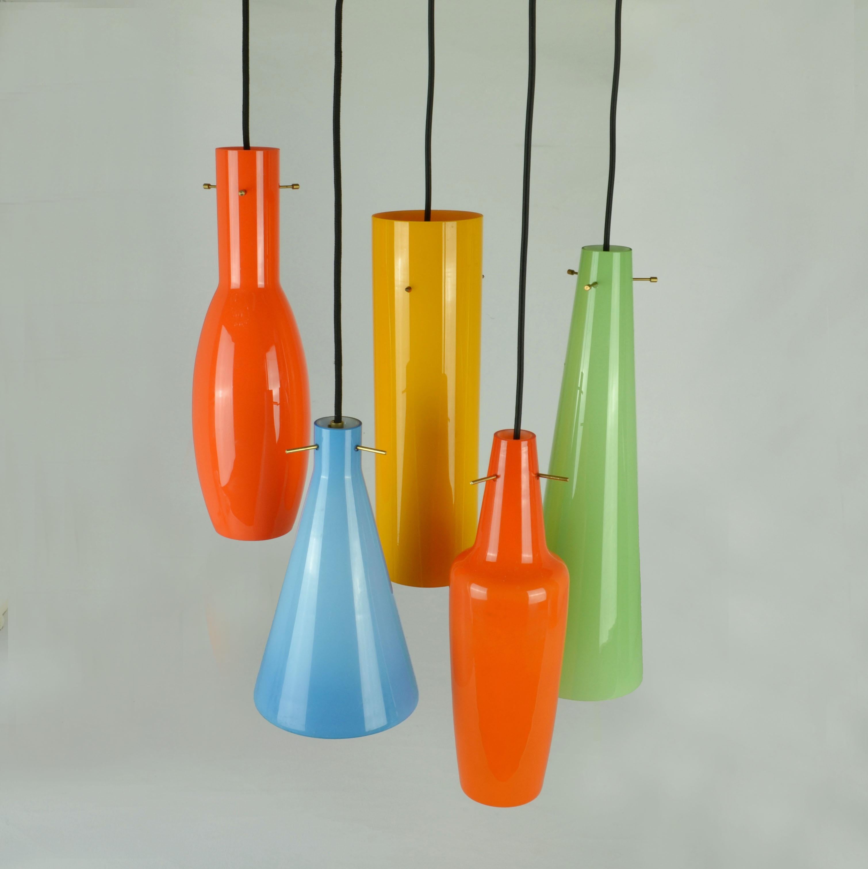 Set of Five Vistosi Murano 1950's Pendants in Colored Glass  In Excellent Condition For Sale In London, GB