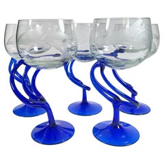 Set of Five Curved Hand-Engraved Dolphin Motif Murano Wine Glasses – Size L