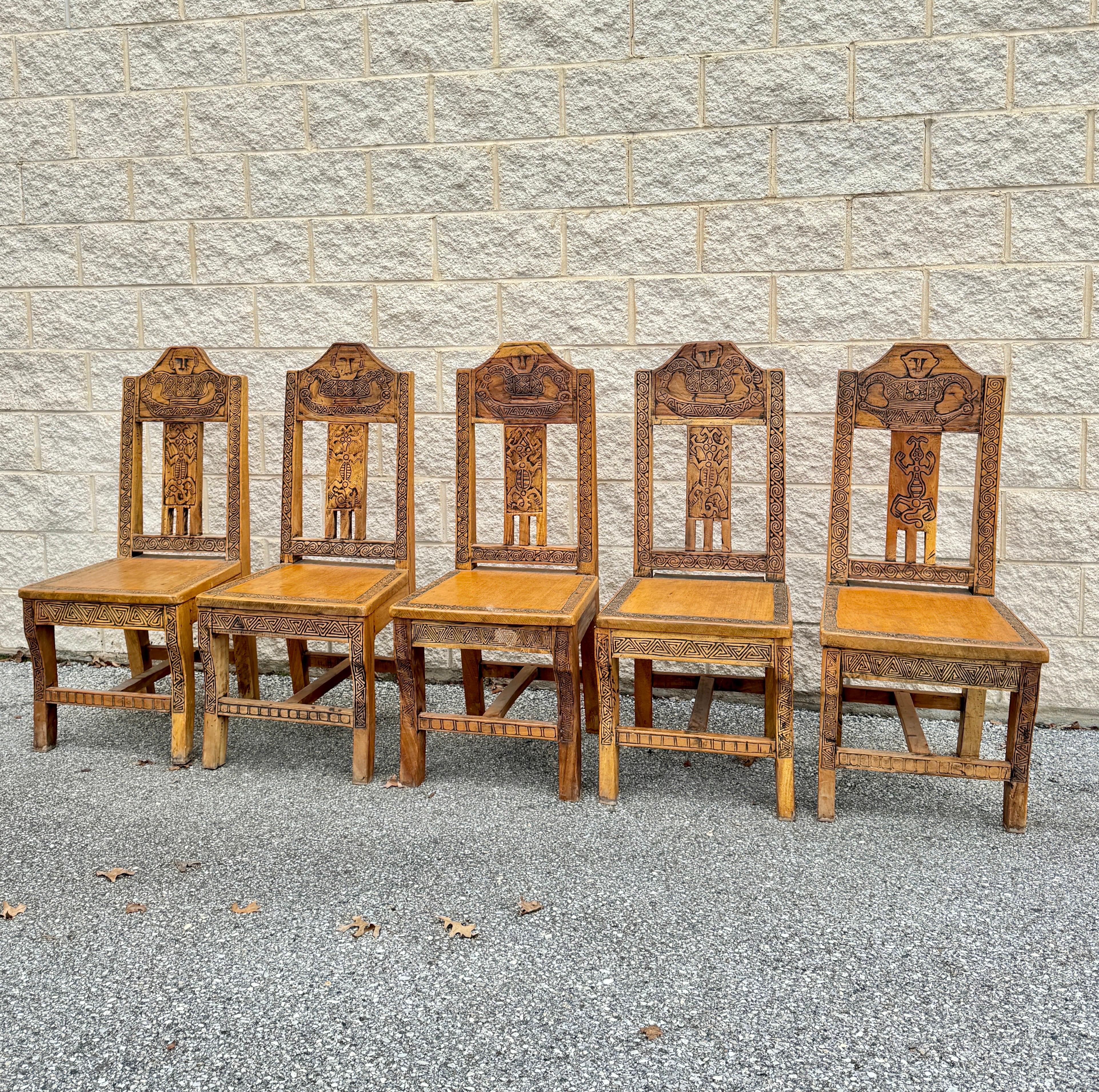 A set of 4 charming dining chairs made of rustic oak with rush seats. These chairs feature ladder-style backs. They are meticulously handcrafted, showcasing a simple yet elegant style with a touch of modern organic aesthetics. 