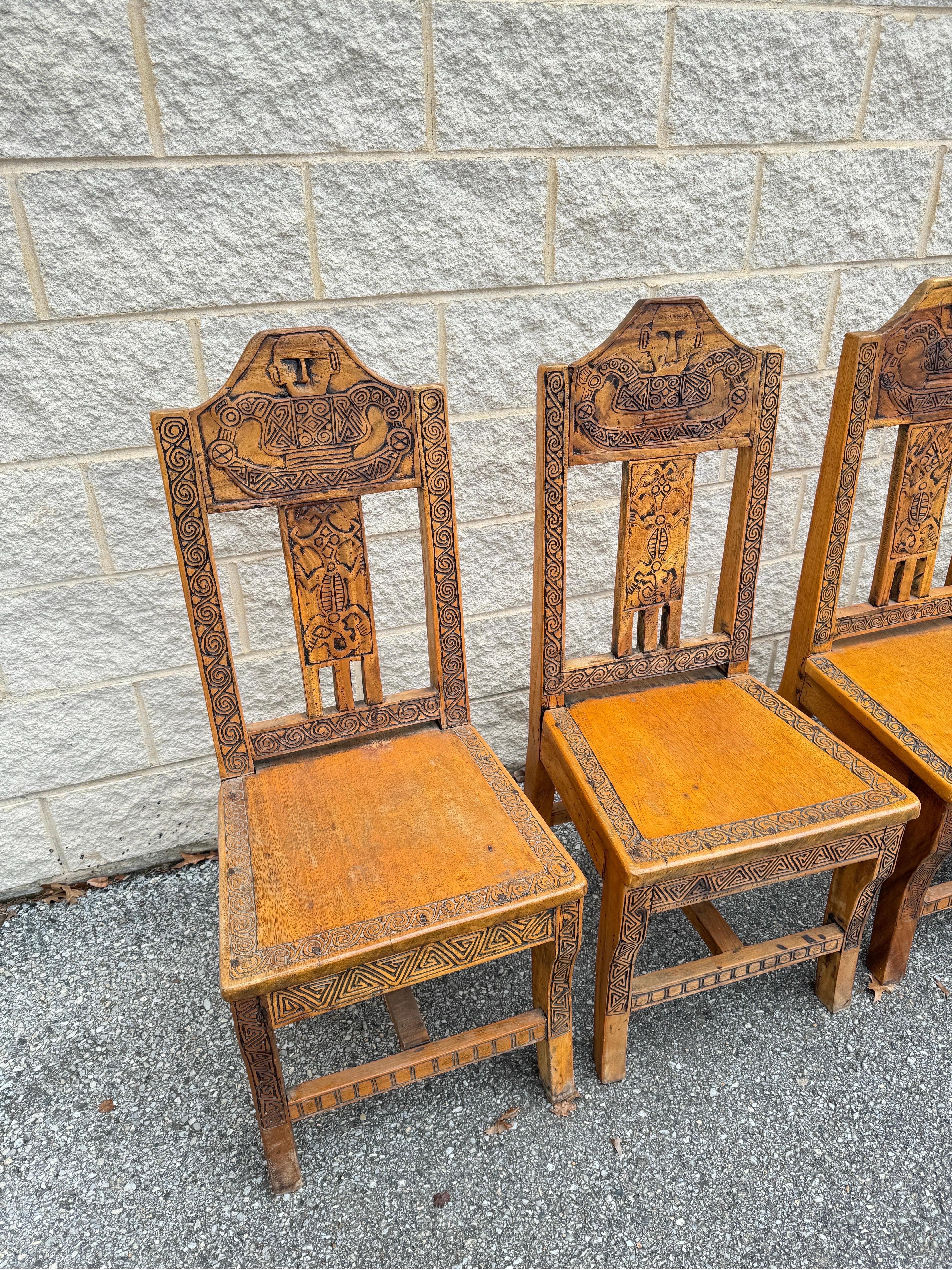 Native American Set of Five Vintage Custom Hand Carved Witco Tiki Style Polynesian Side Chairs For Sale