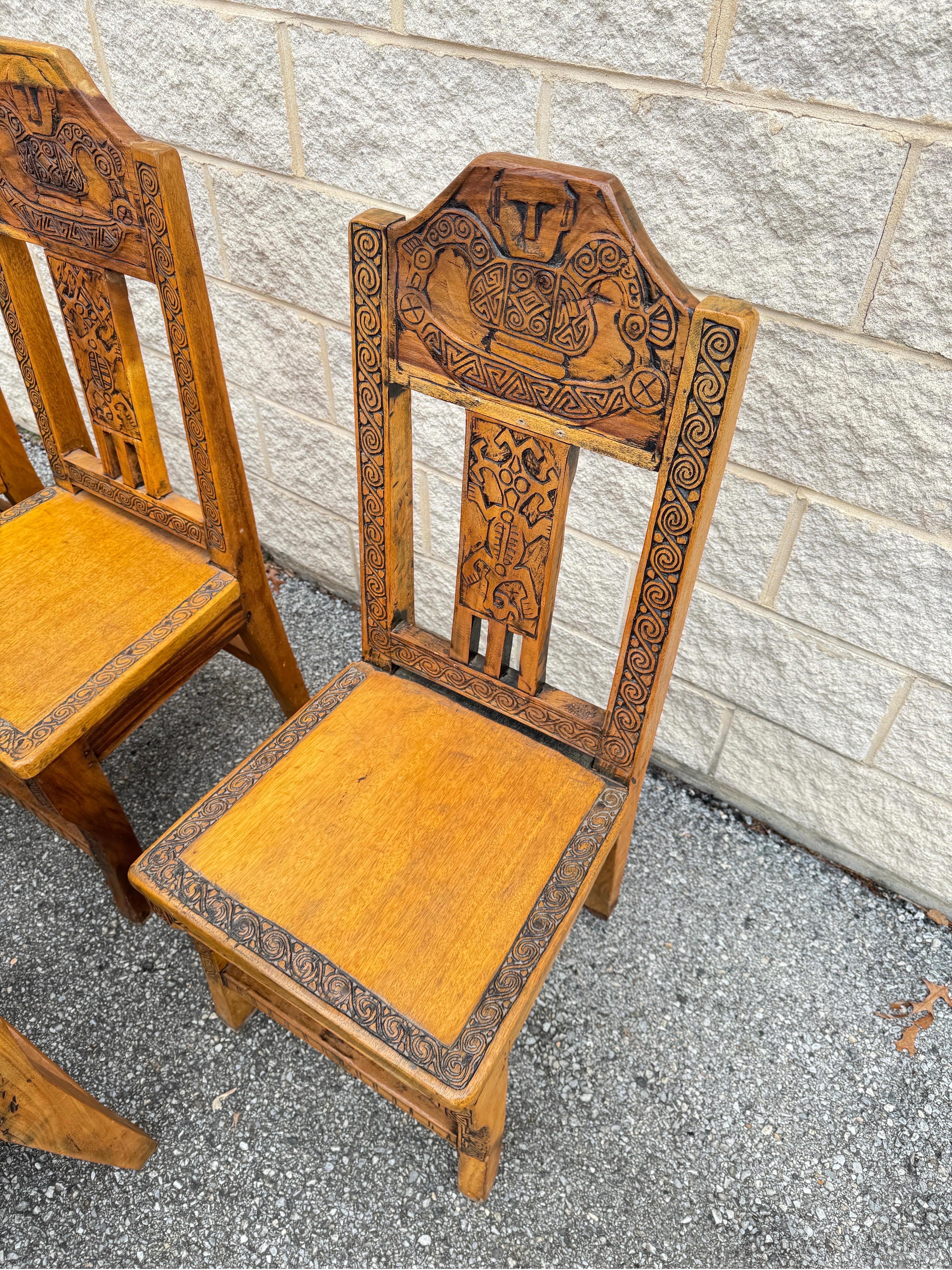 20th Century Set of Five Vintage Custom Hand Carved Witco Tiki Style Polynesian Side Chairs For Sale