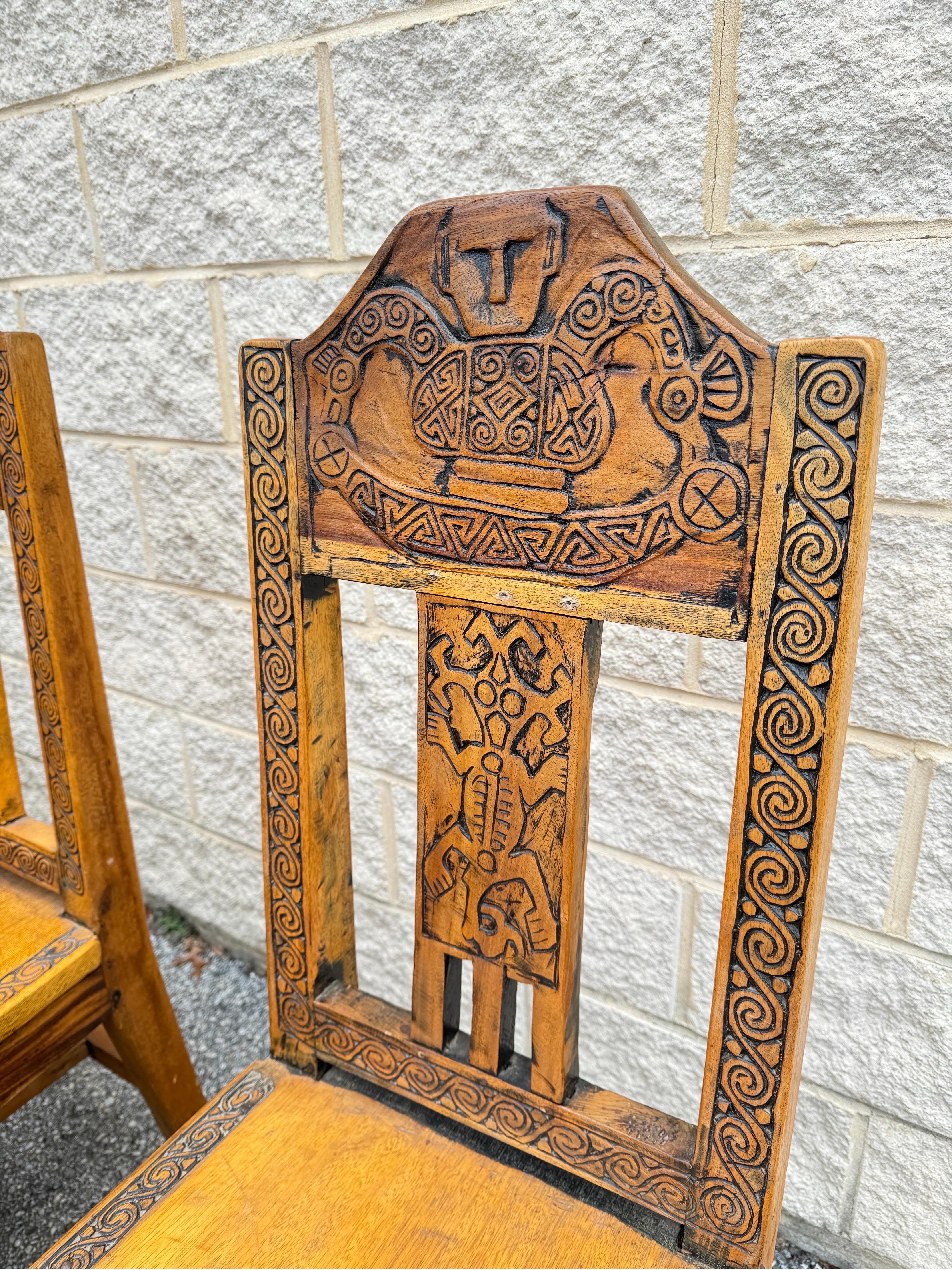 Rush Set of Five Vintage Custom Hand Carved Witco Tiki Style Polynesian Side Chairs For Sale