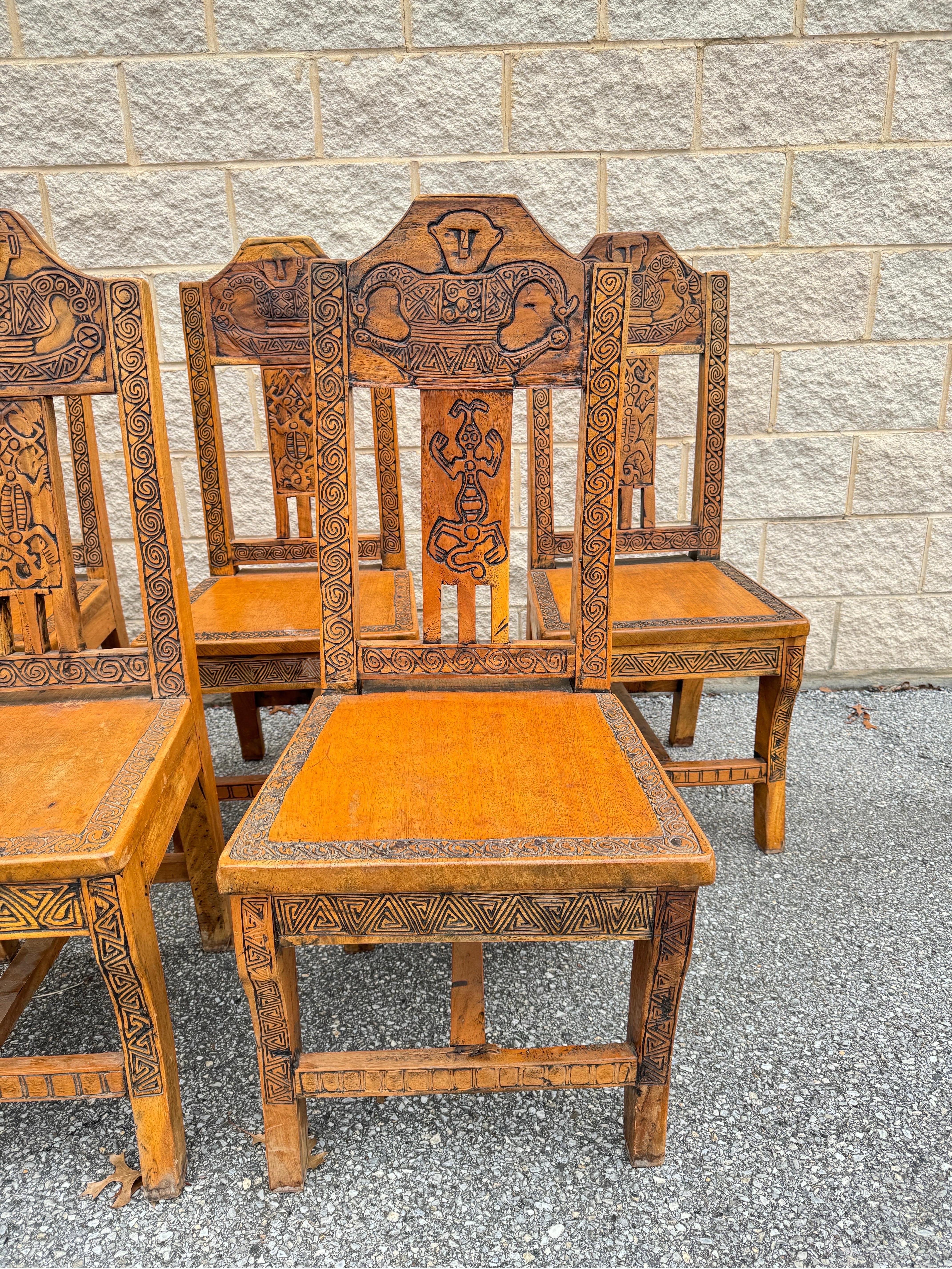Set of Five Vintage Custom Hand Carved Witco Tiki Style Polynesian Side Chairs For Sale 1