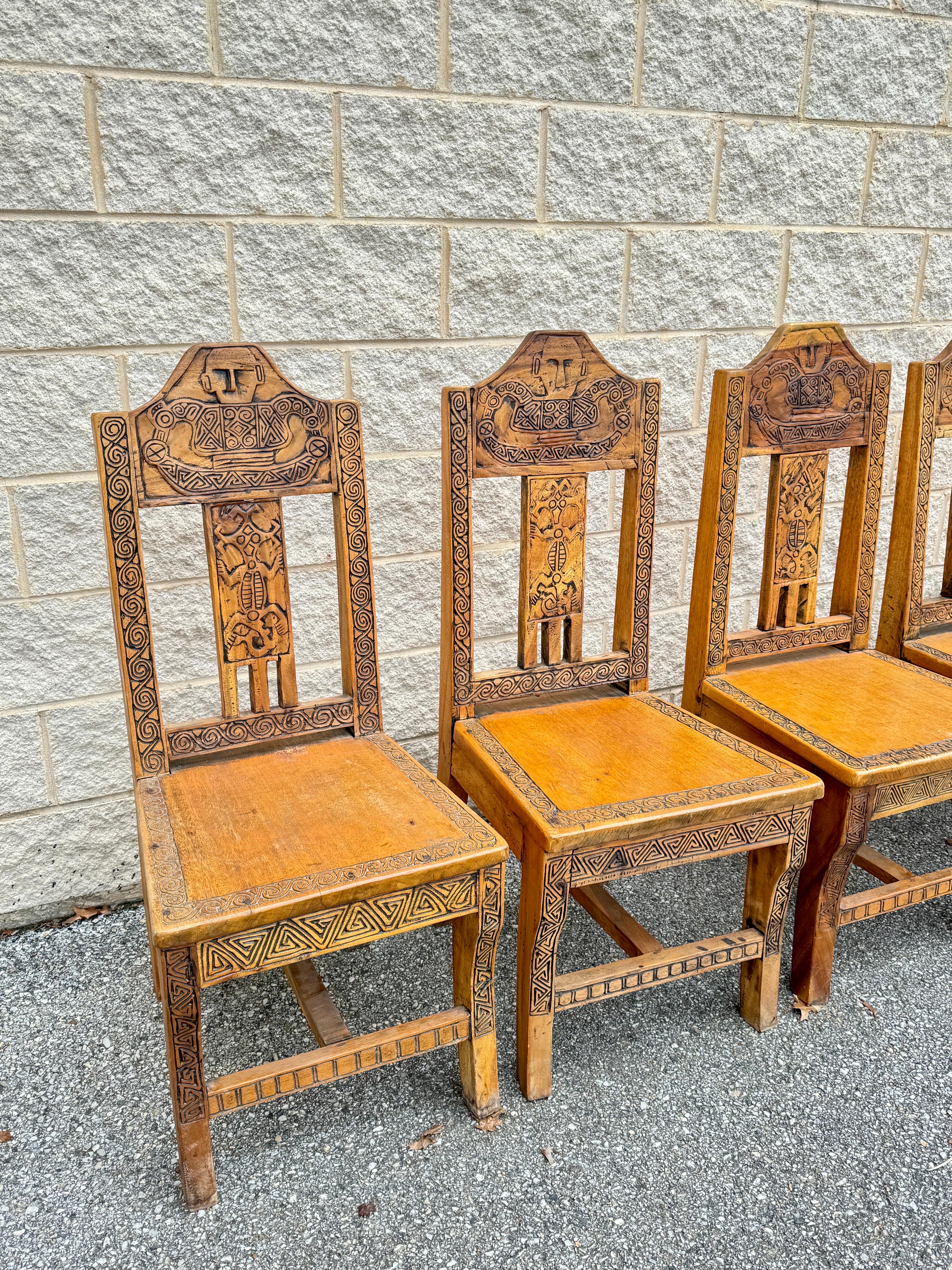 Set of Five Vintage Custom Hand Carved Witco Tiki Style Polynesian Side Chairs For Sale 2