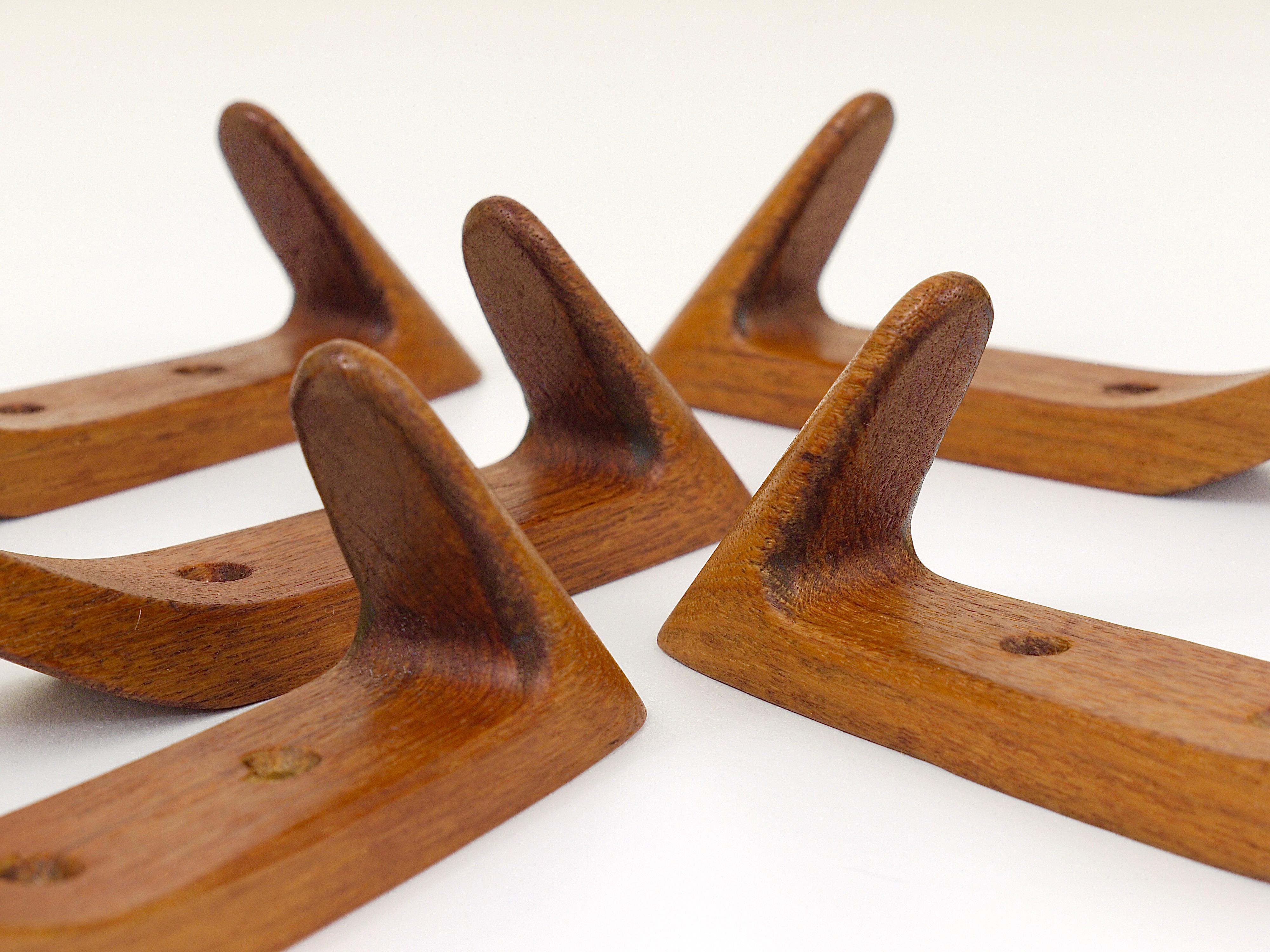 Set of Five Danish Modern Teak Wall Coat Hooks, Denmark, 1950s 8