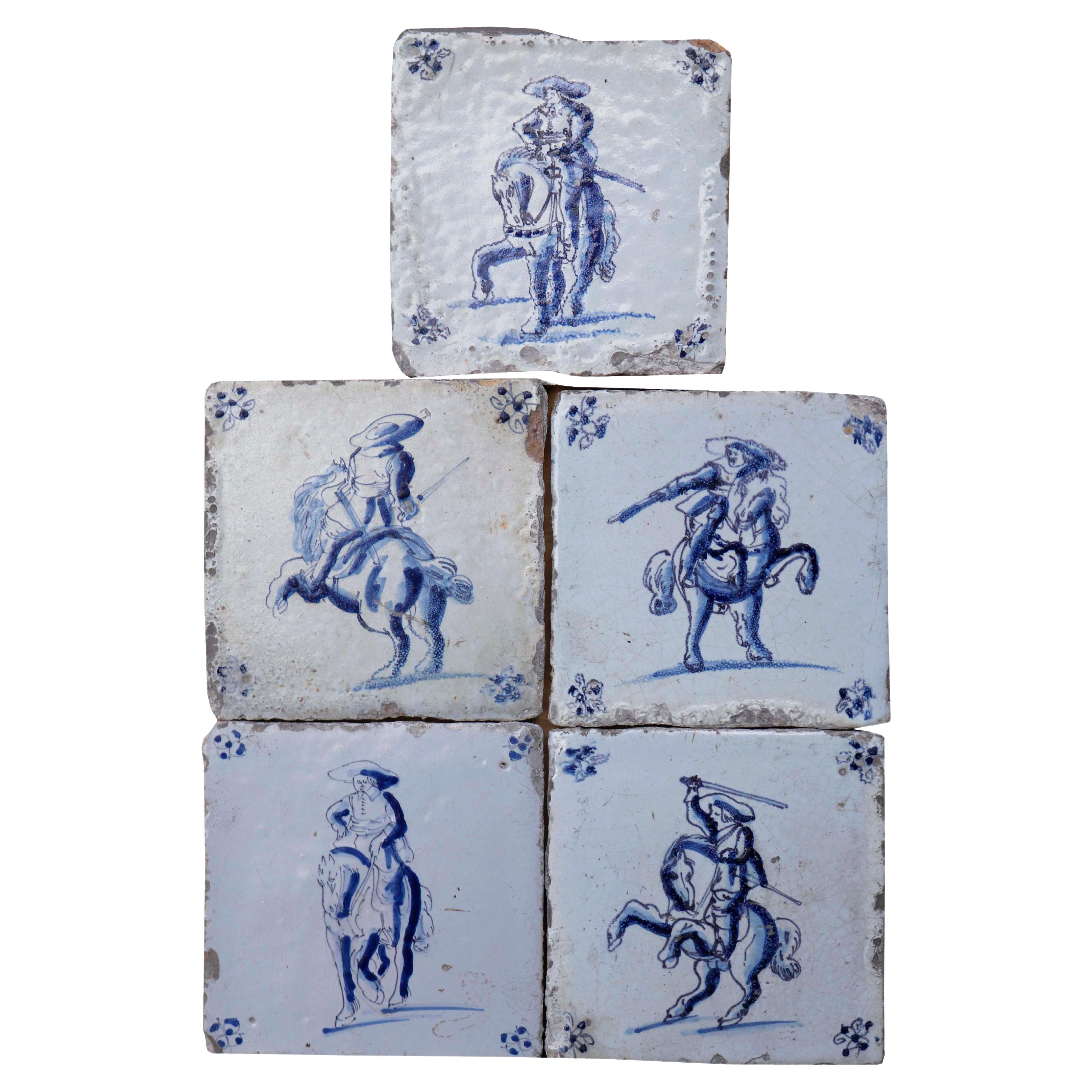 Set of Five Delft Tiles Featuring Horsemen For Sale