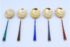Set of five dessert spoons in enameled silver in various colors