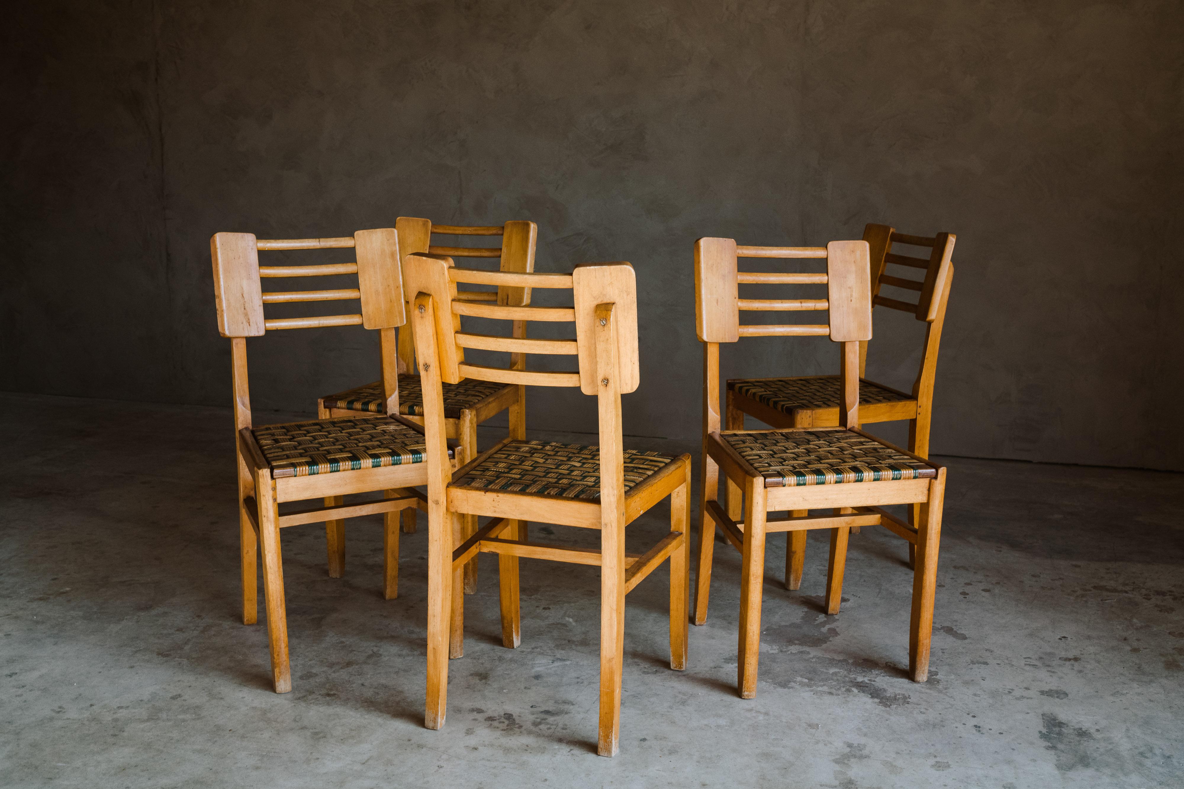 European Set of Five Dining Chairs by Pierre Cruege, France, 1940s