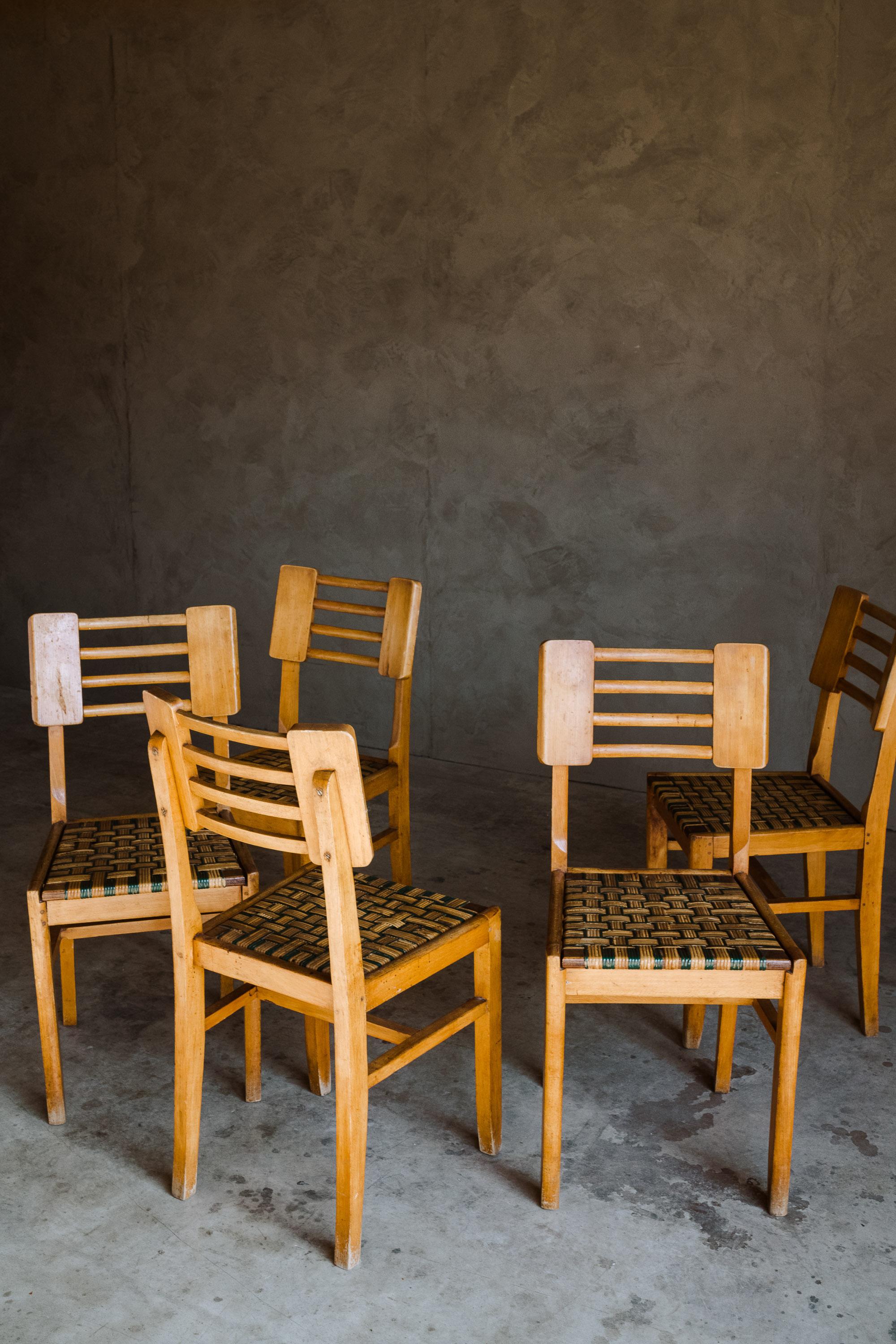 Oak Set of Five Dining Chairs by Pierre Cruege, France, 1940s