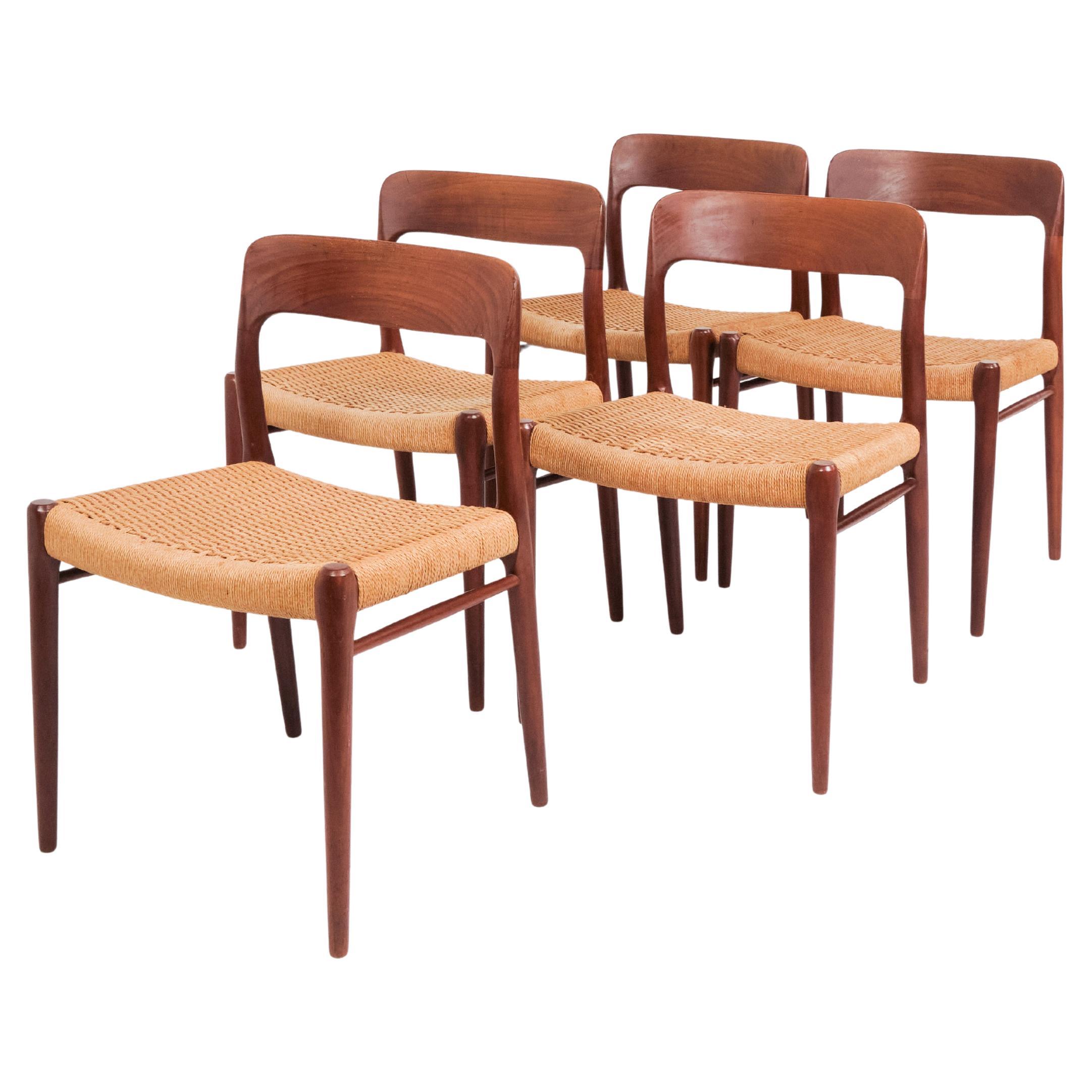 Set Of Five Dining Chairs Model 75 In Teak 
Paper Wicher By Niels O. Møller For Sale