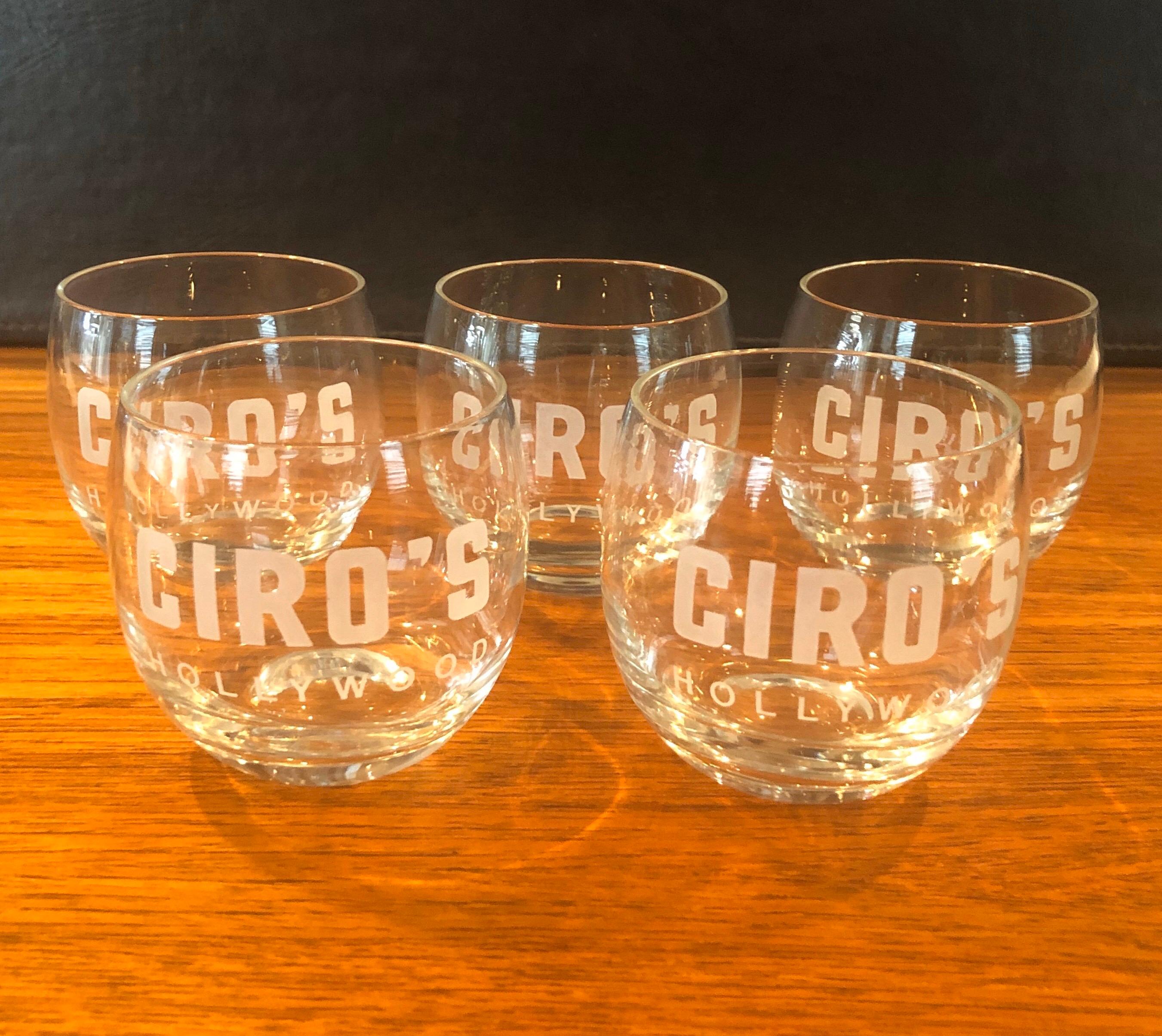 Great set of five double old fashioned glasses (12oz) from Ciro's Hollywood, circa 1950s. These super rare cocktail glasses are round clear glass with 