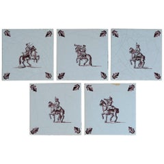 Set of Five Dutch Delft Manganese Tiles Hand Painted Horse Riders