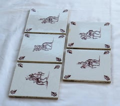 Set of Five Dutch Delft Manganese Tiles Hand Painted Horse Riders