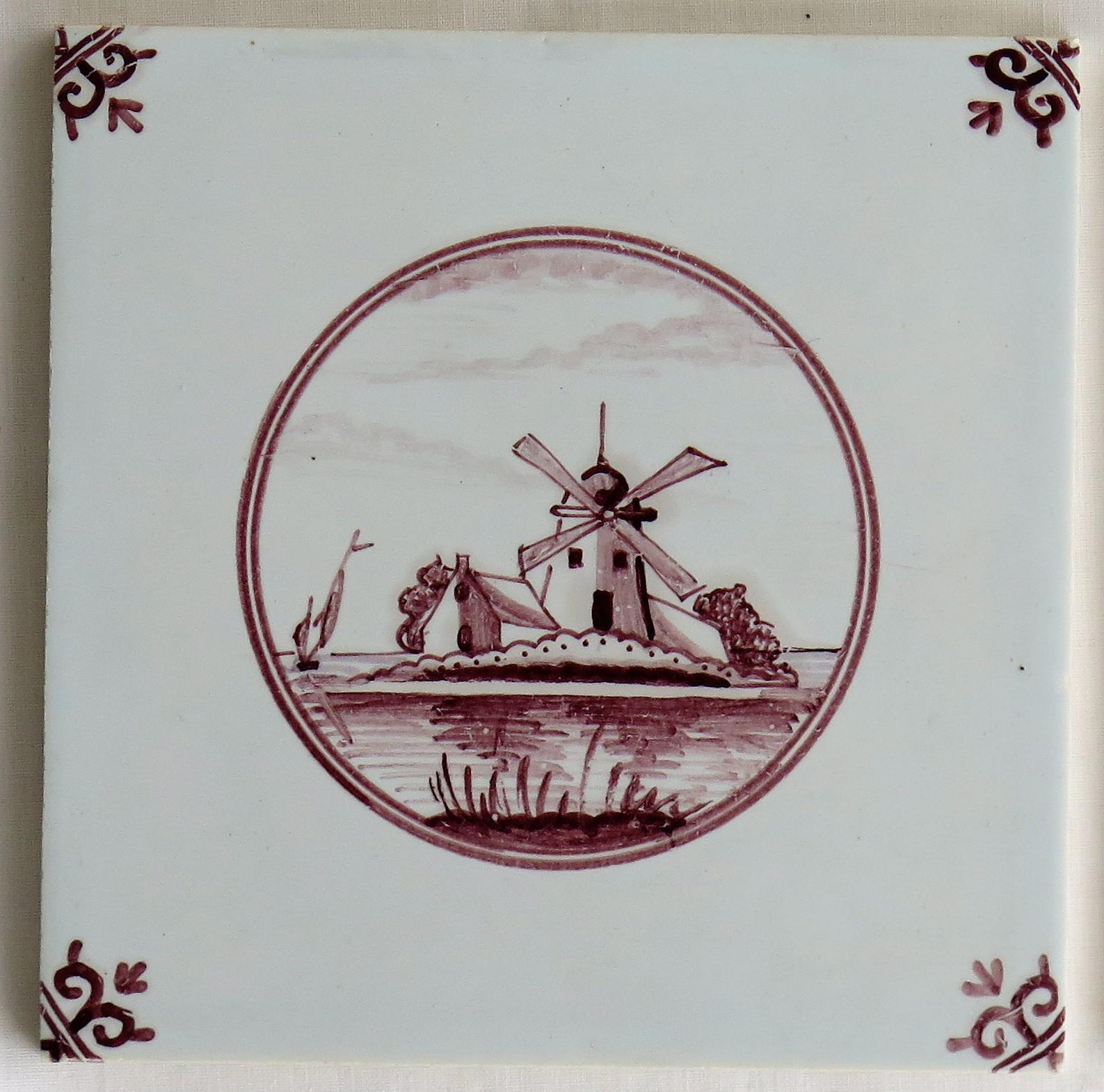 Set of Five Dutch Delft Manganese Wall Tiles Different Patterns, 20th Century 7