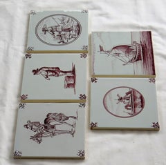 Set of Five Dutch Delft Manganese Wall Tiles Different Patterns, 20th Century