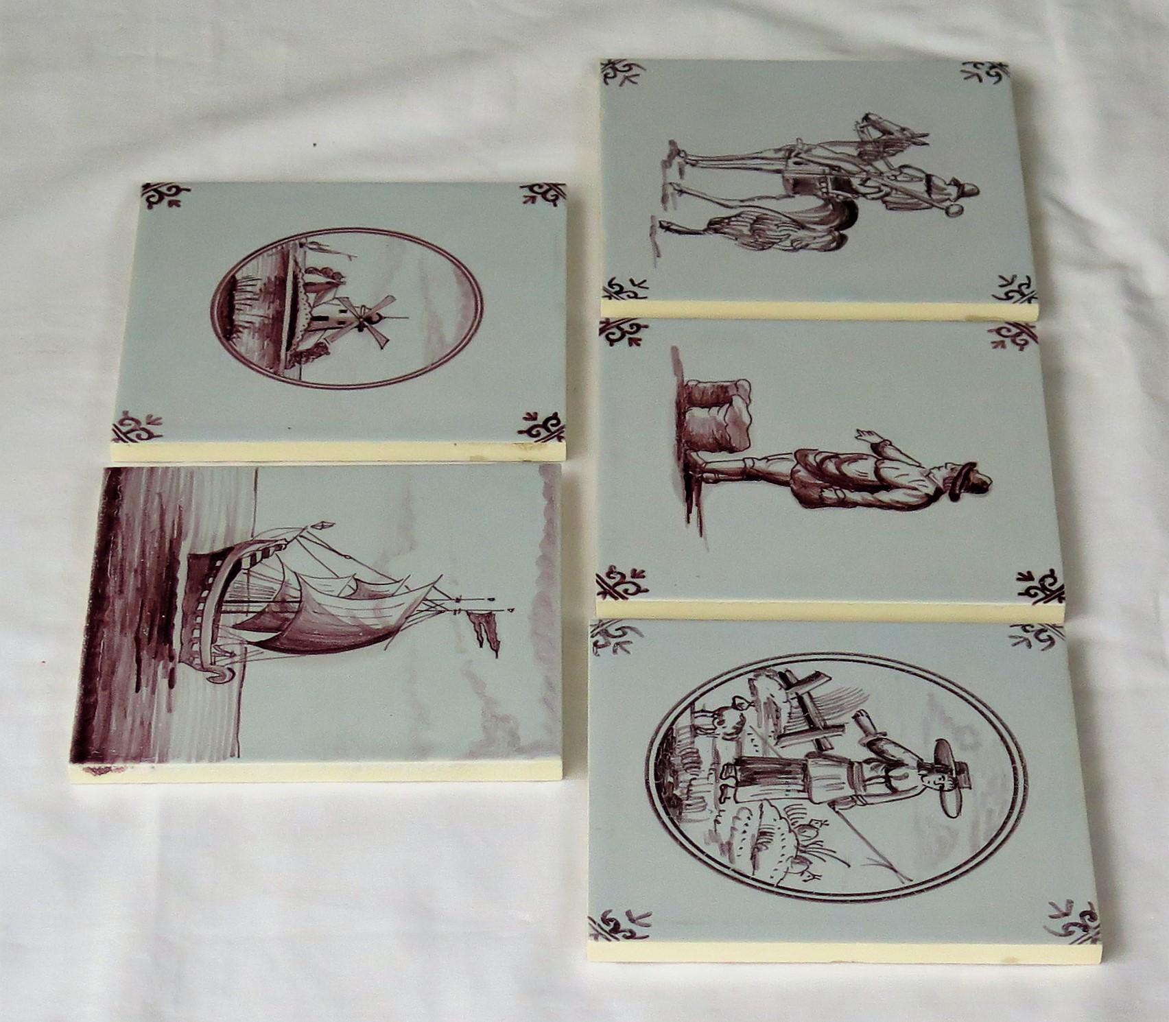 Dutch Colonial Set of Five Dutch Delft Manganese Wall Tiles Different Patterns, 20th Century