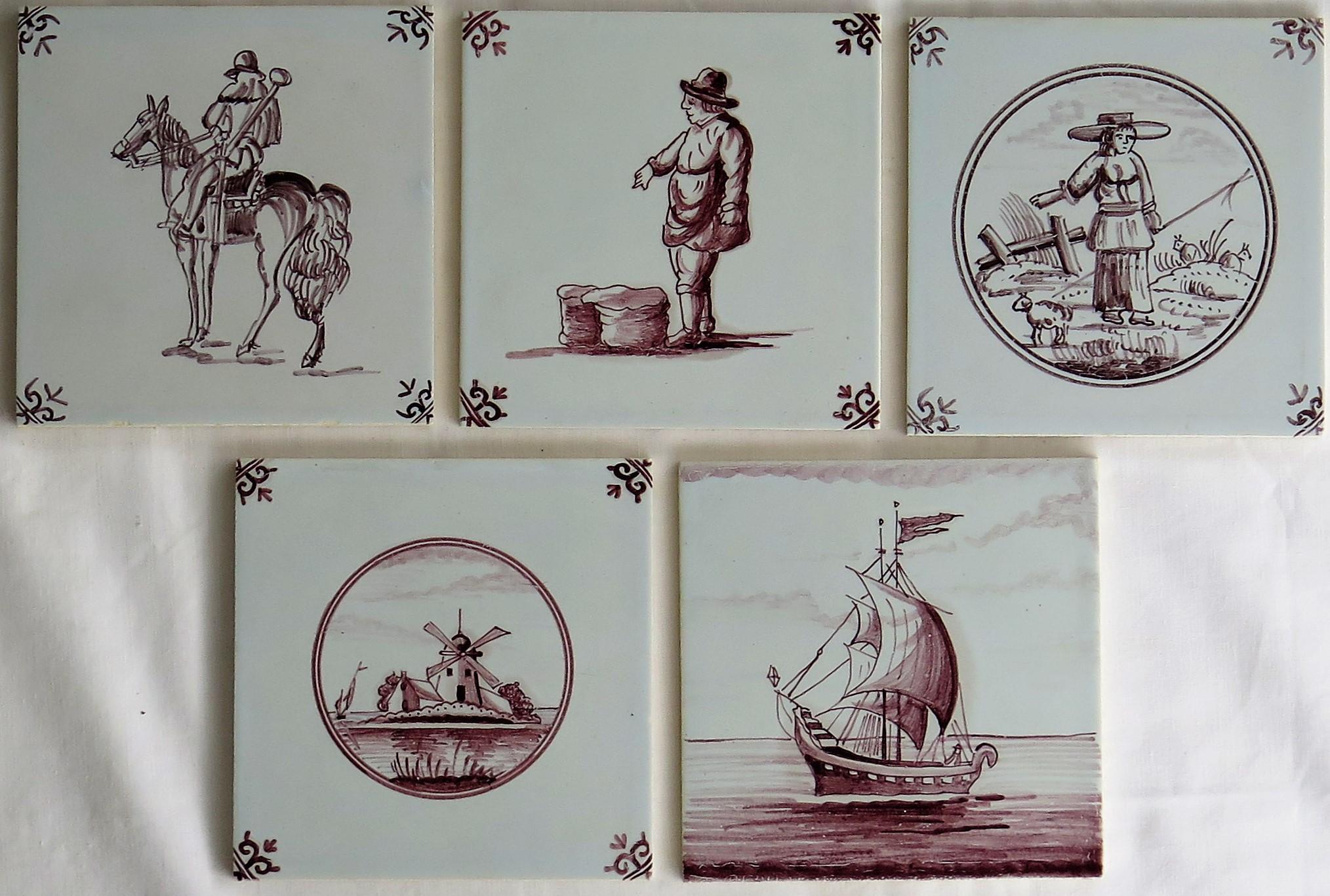 Glazed Set of Five Dutch Delft Manganese Wall Tiles Different Patterns, 20th Century