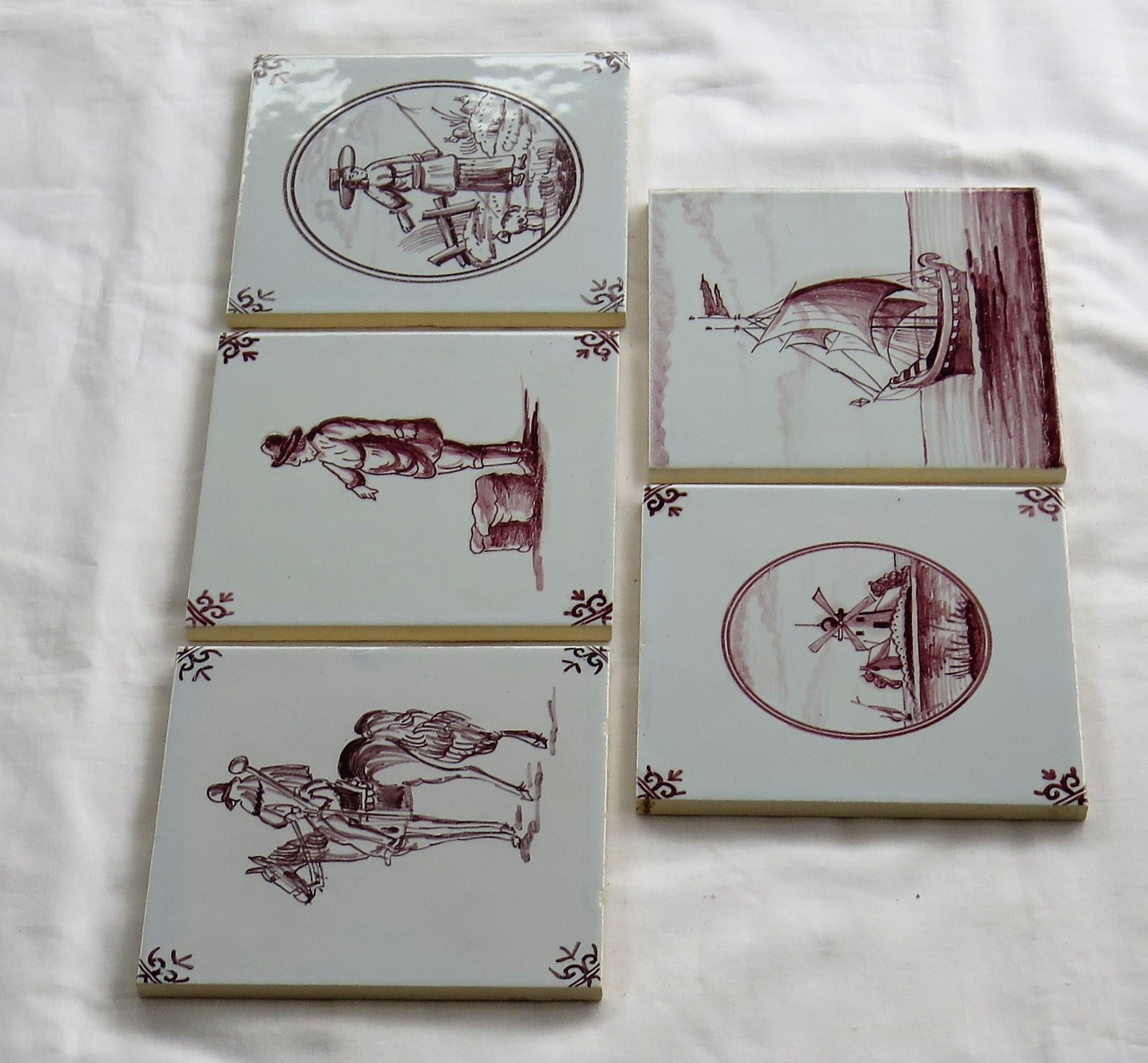 Set of Five Dutch Delft Manganese Wall Tiles Different Patterns, 20th Century In Good Condition In Lincoln, Lincolnshire