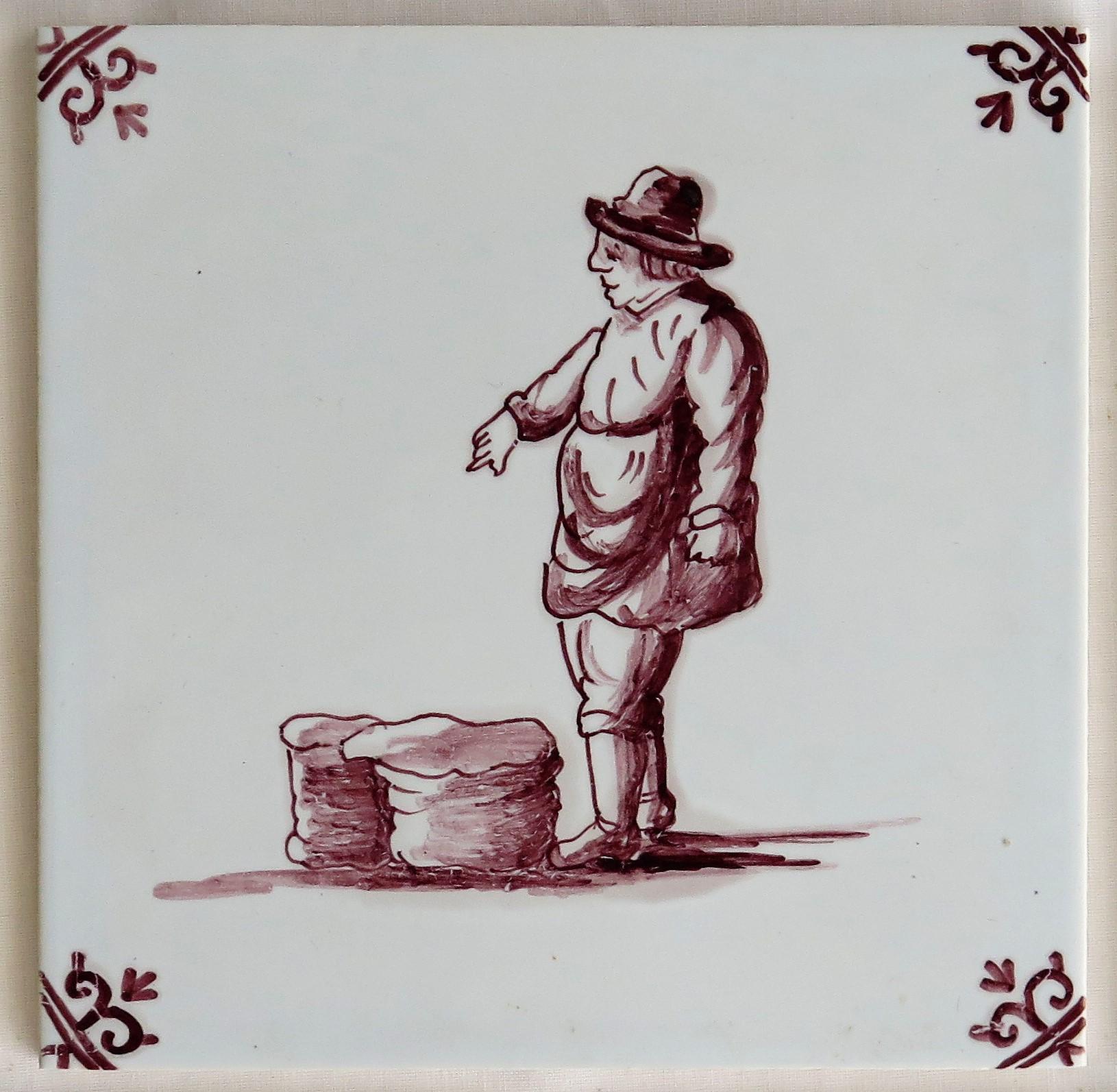 Set of Five Dutch Delft Manganese Wall Tiles Different Patterns, 20th Century 3