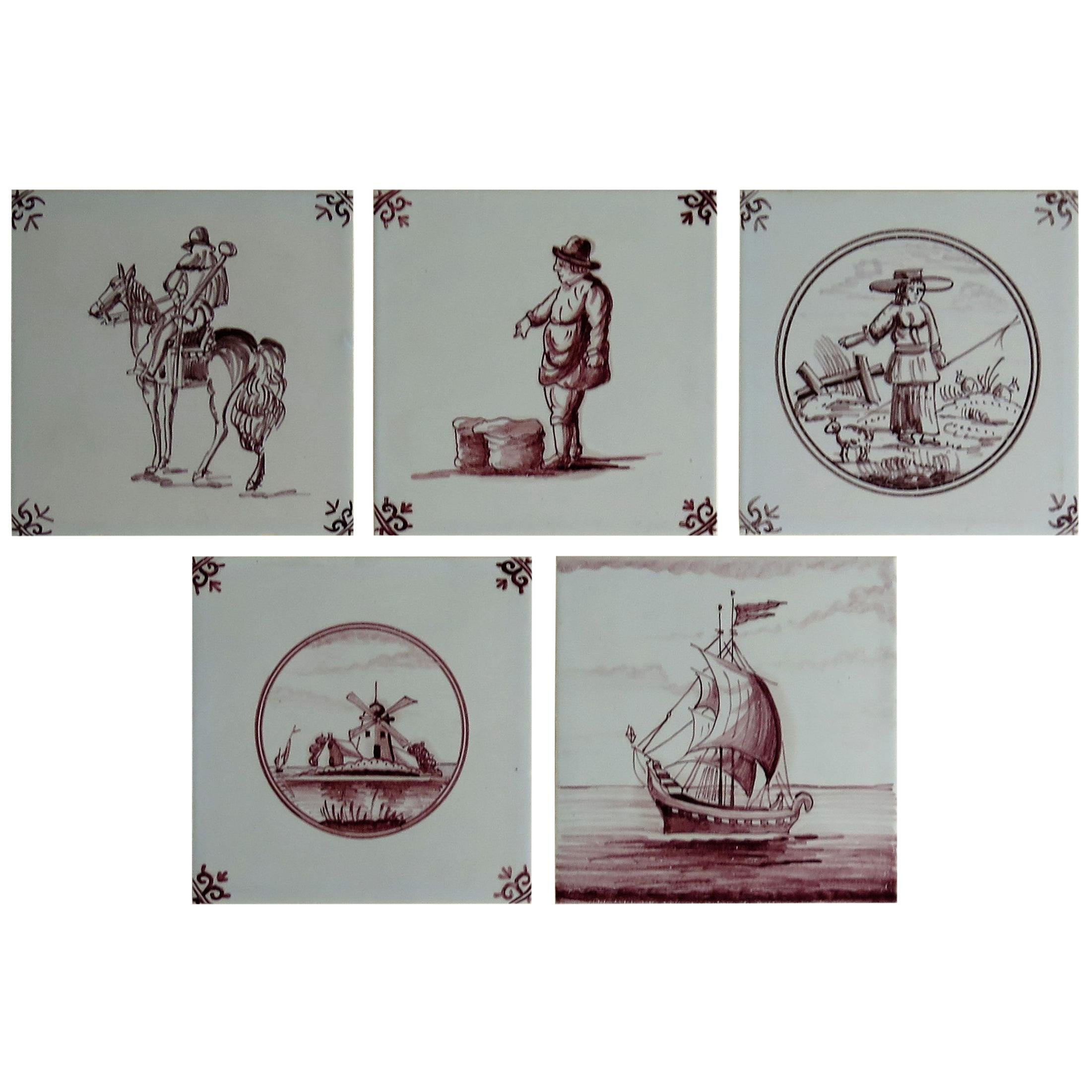 Set of Five Dutch Delft Manganese Wall Tiles Different Patterns, 20th Century