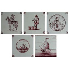 Set of Five Dutch Delft Manganese Wall Tiles Different Patterns, 20th Century