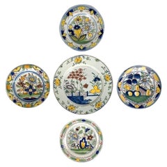 Set of Five Dutch Delft Plates Hand Painted Circa 1800 Diameters 9" and 12.25"