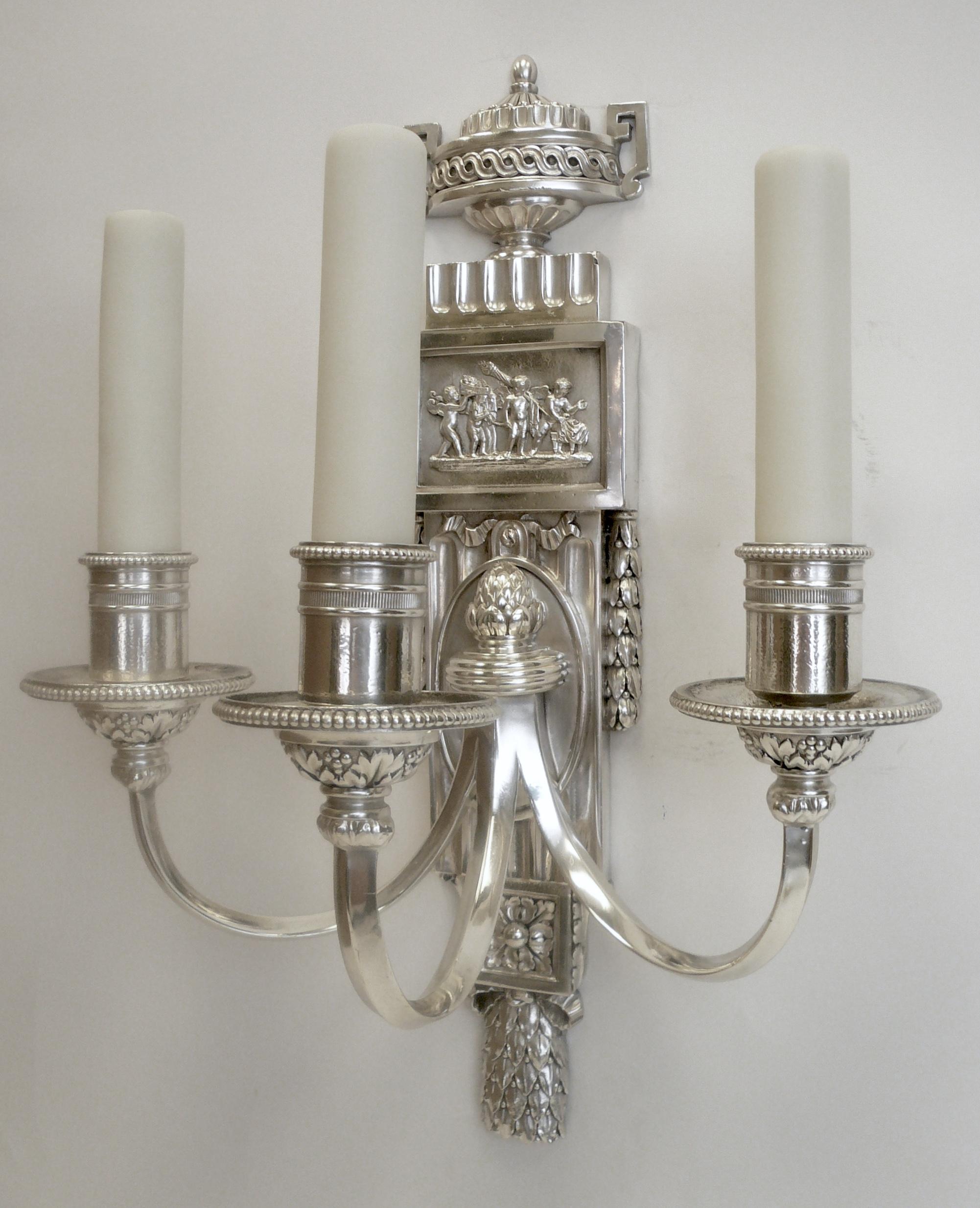 Belle Époque Set of Six E. F. Caldwell Silvered Bronze Neoclassical Sconces