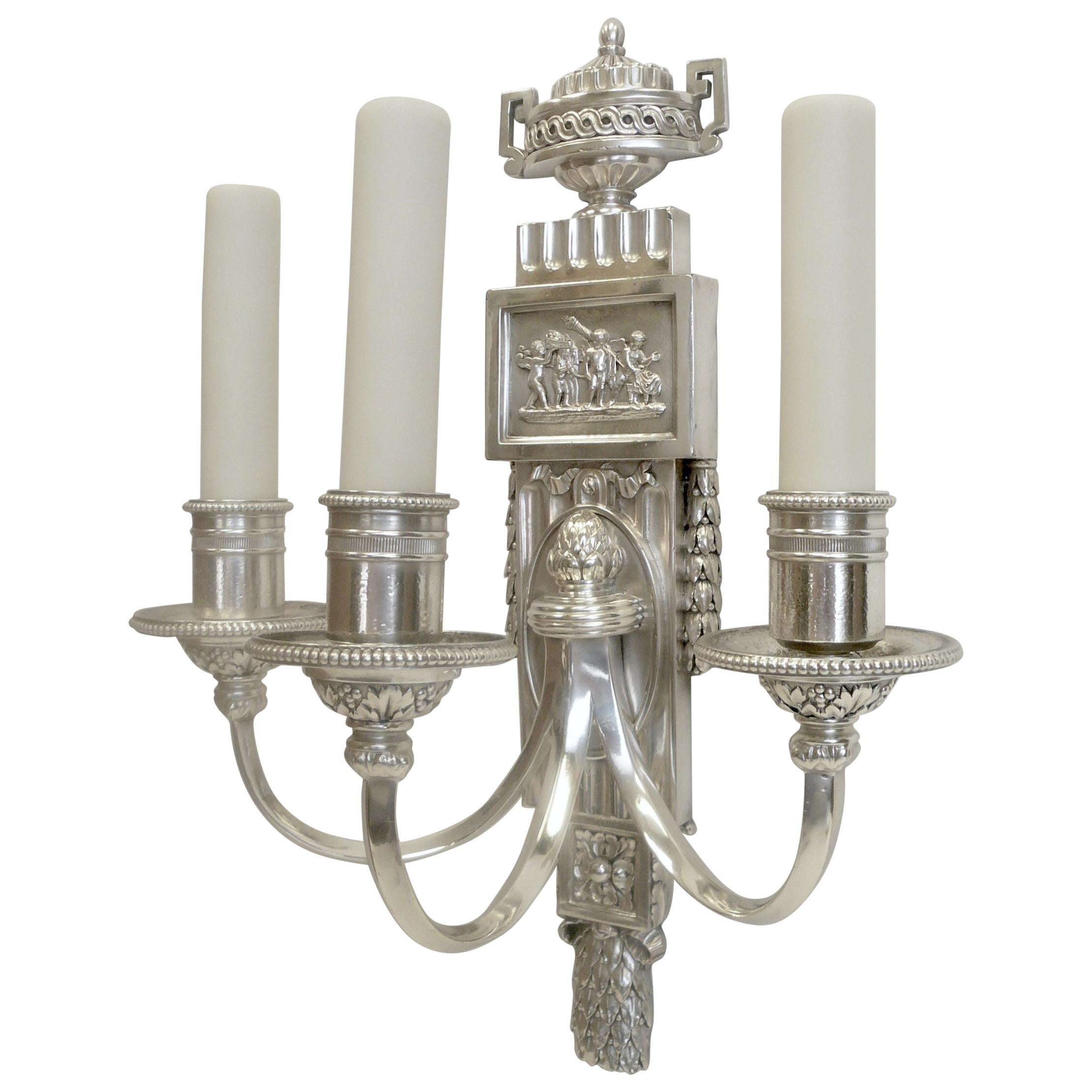 Set of Six E. F. Caldwell Silvered Bronze Neoclassical Sconces