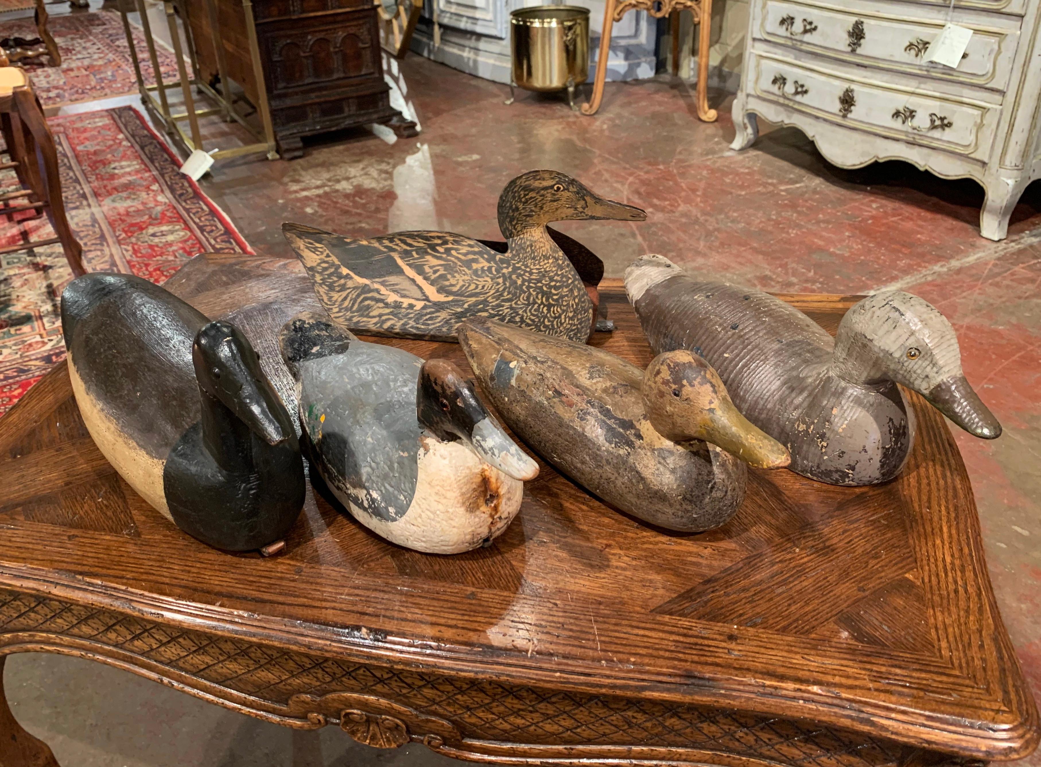 American Set of Five Early 20th Century Carved and Hand Painted Duck Decoys
