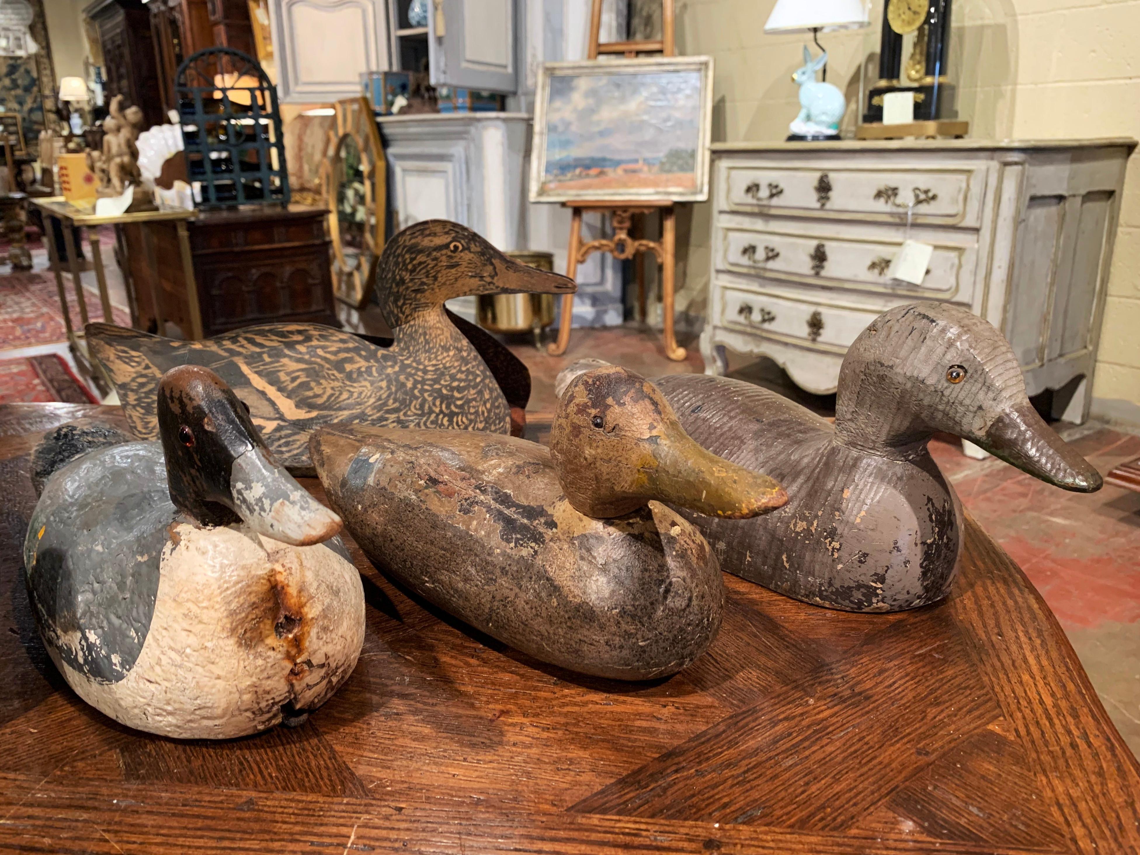 Set of Five Early 20th Century Carved and Hand Painted Duck Decoys In Good Condition In Dallas, TX