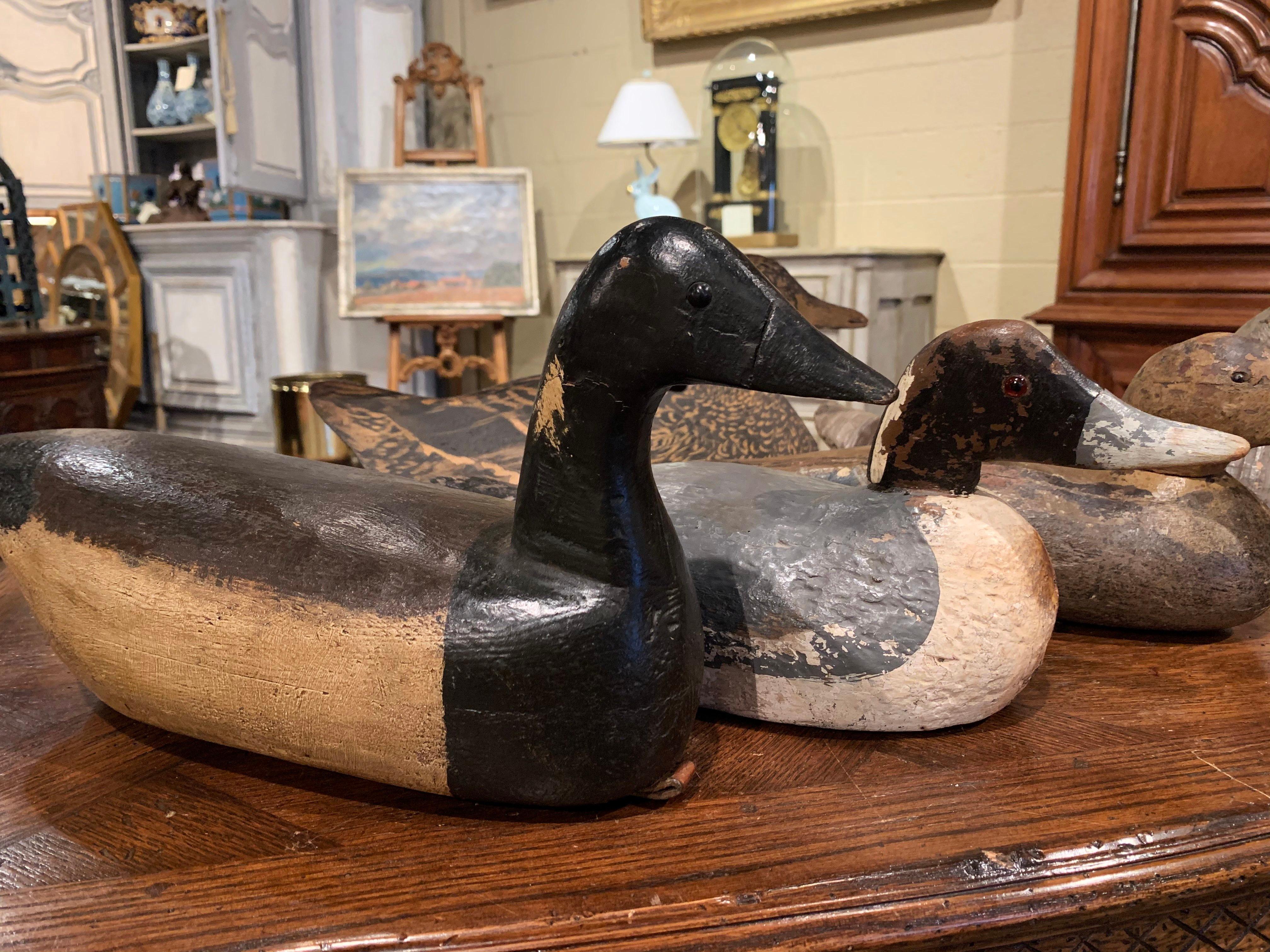 Fiberglass Set of Five Early 20th Century Carved and Hand Painted Duck Decoys