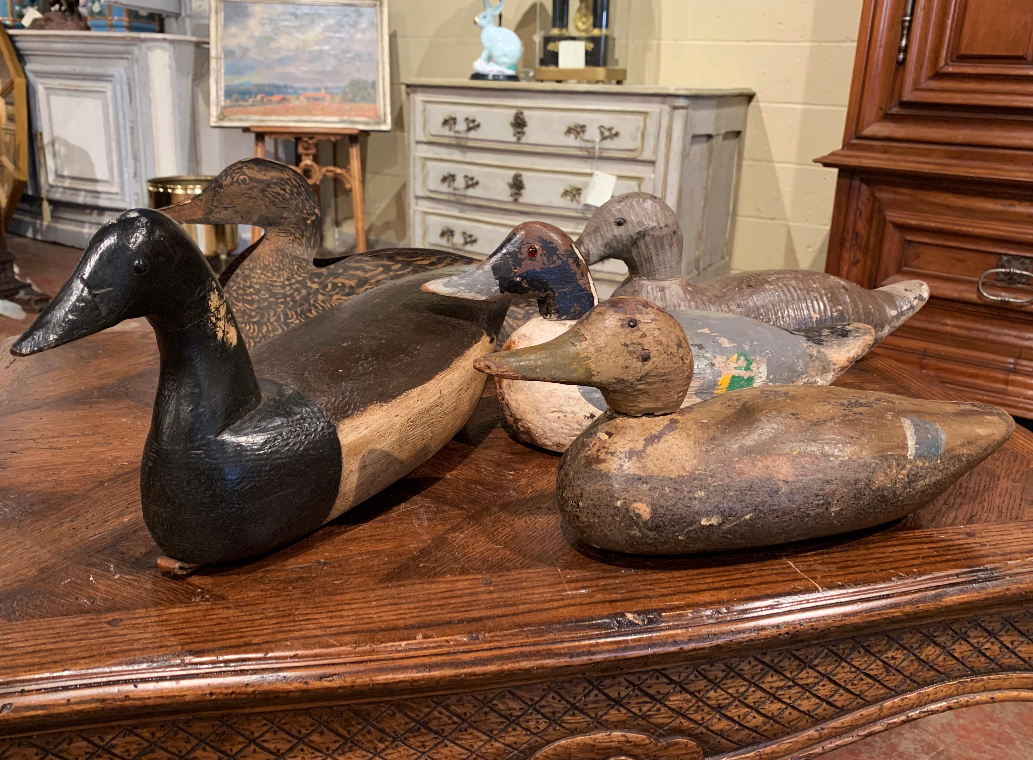 Set of Five Early 20th Century Carved and Hand Painted Duck Decoys 1