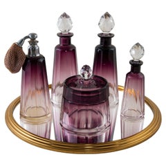 Set of Five Early 20th Century French Amethyst Vanity Bottles with Mirrored Tray
