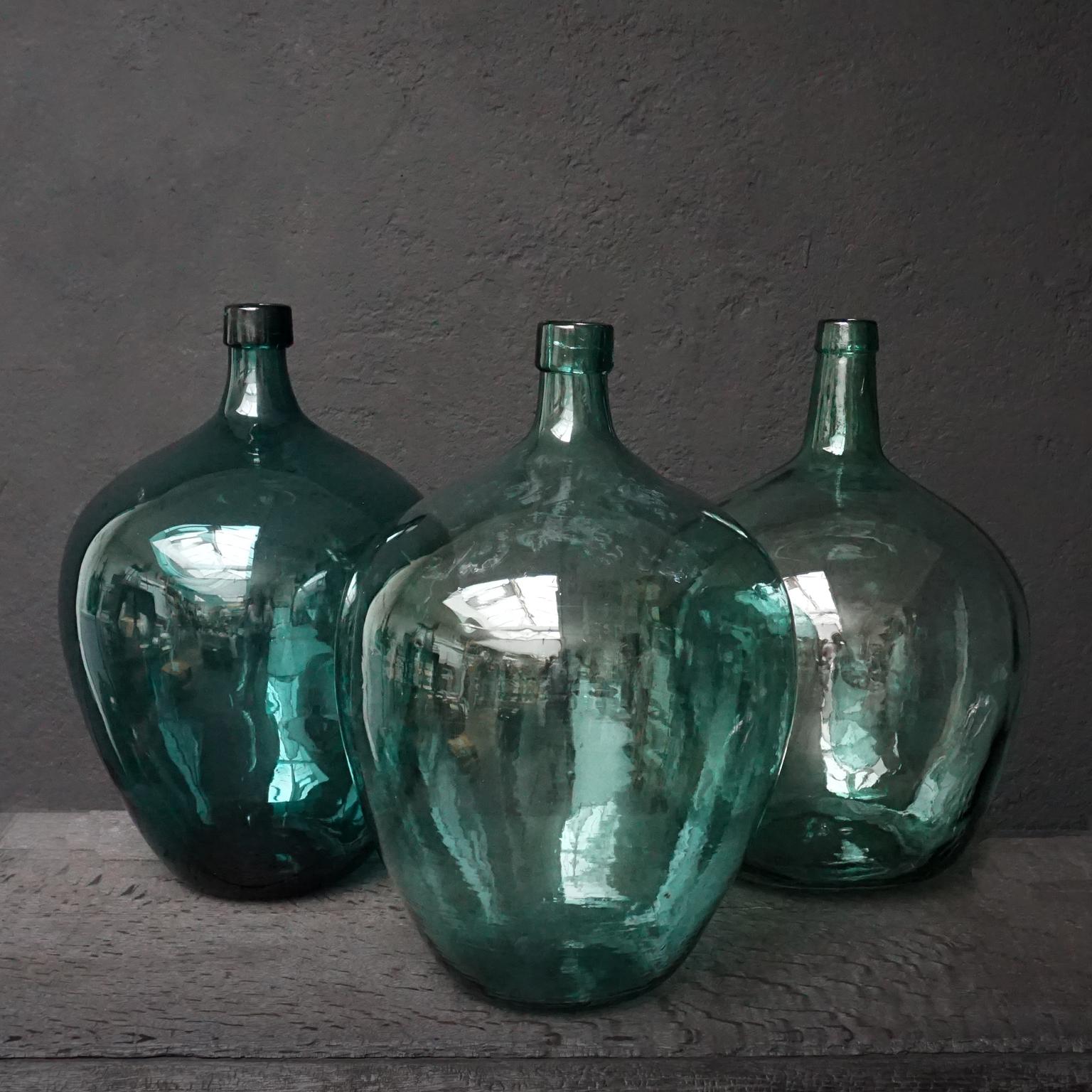 French Set of Five Early 20th Century Teal Blue Green Demijohns, Lady Jeanne or Carboys