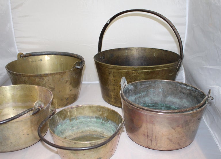 Set of Five Early Antique English Handled Jam Kettles For Sale at 1stDibs