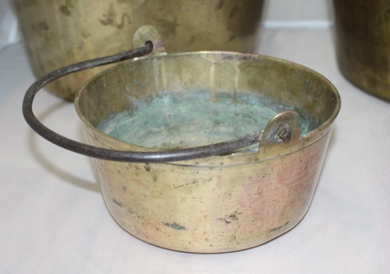 Set of Five Early Antique English Handled Jam Kettles For Sale at 1stDibs