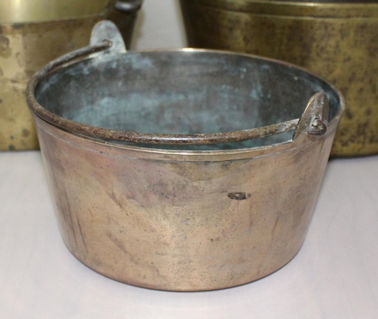 Set of Five Early Antique English Handled Jam Kettles For Sale at 1stDibs