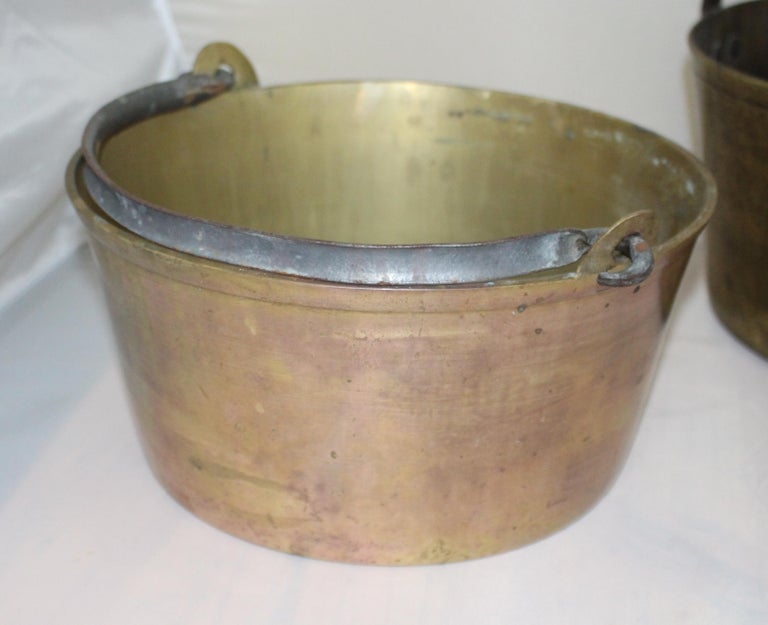 Set of Five Early Antique English Handled Jam Kettles For Sale at 1stDibs