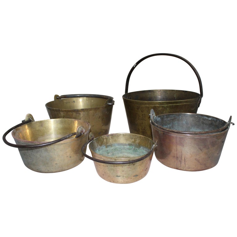 Set of Five Early Antique English Handled Jam Kettles For Sale at 1stDibs