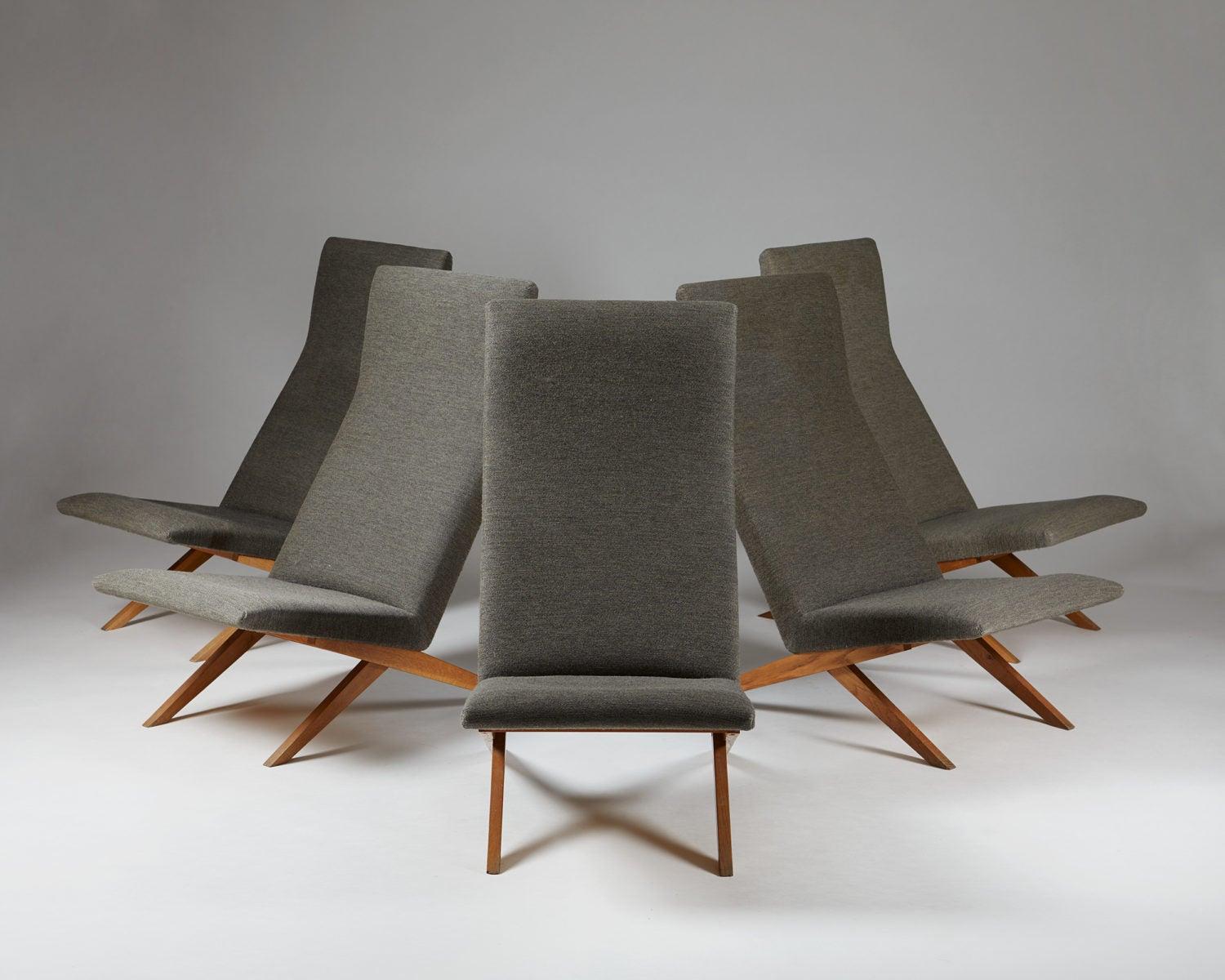 Set of five easy chairs designed by Bodil Kjaer for Harbo Sølvsten,
Denmark, ca 1955.

H: 94.5 cm/ 3' 1