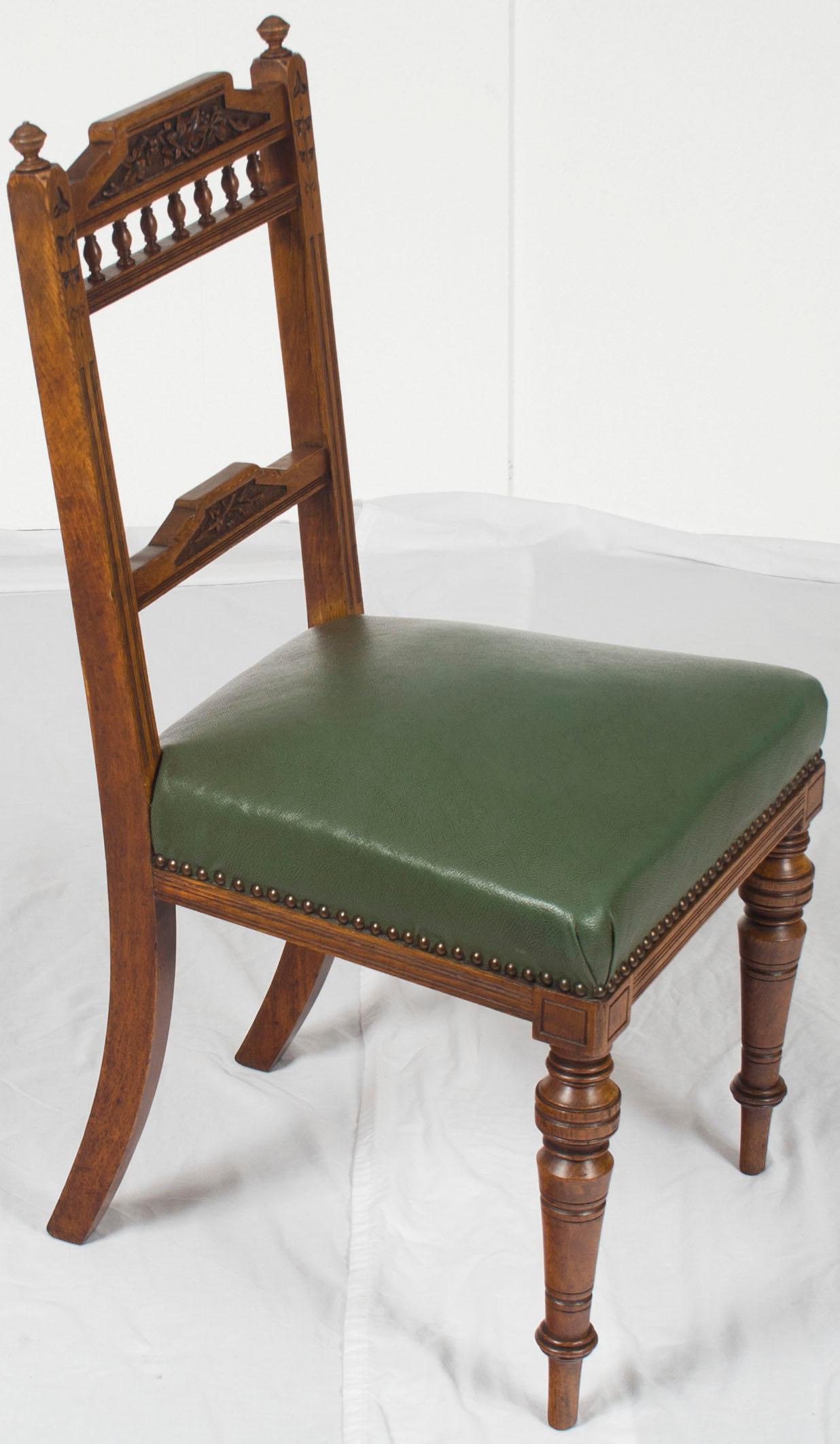 Set of Five Edwardian Carved Oak Leather Seat Dining Room Kitchen Chairs 3