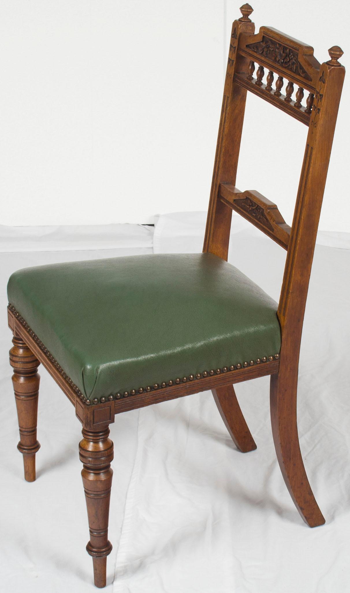 Set of Five Edwardian Carved Oak Leather Seat Dining Room Kitchen Chairs 4