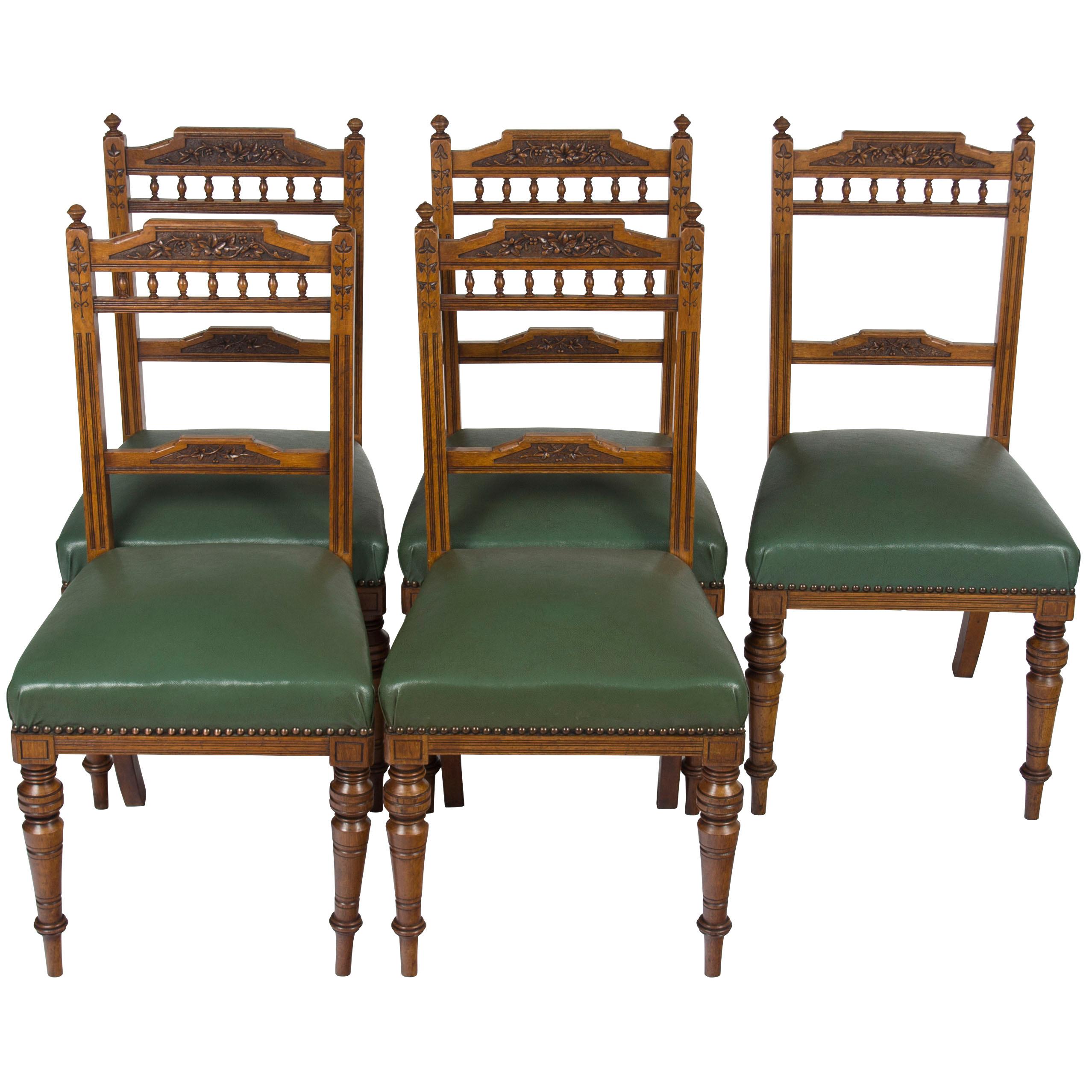 Set of Five Edwardian Carved Oak Leather Seat Dining Room Kitchen Chairs