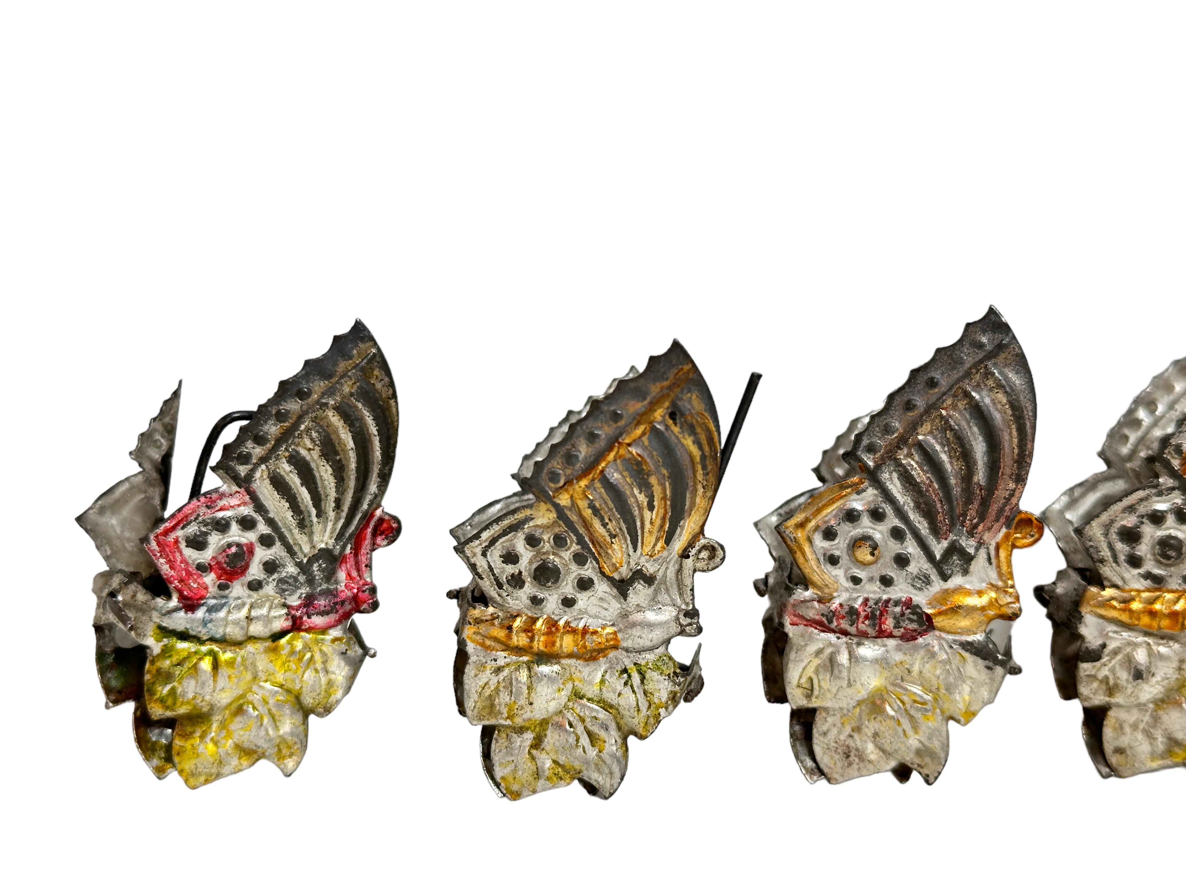 Folk Art Set of Five Embossed Candleholders Clips Butterfly Antique German Christmas 1890
