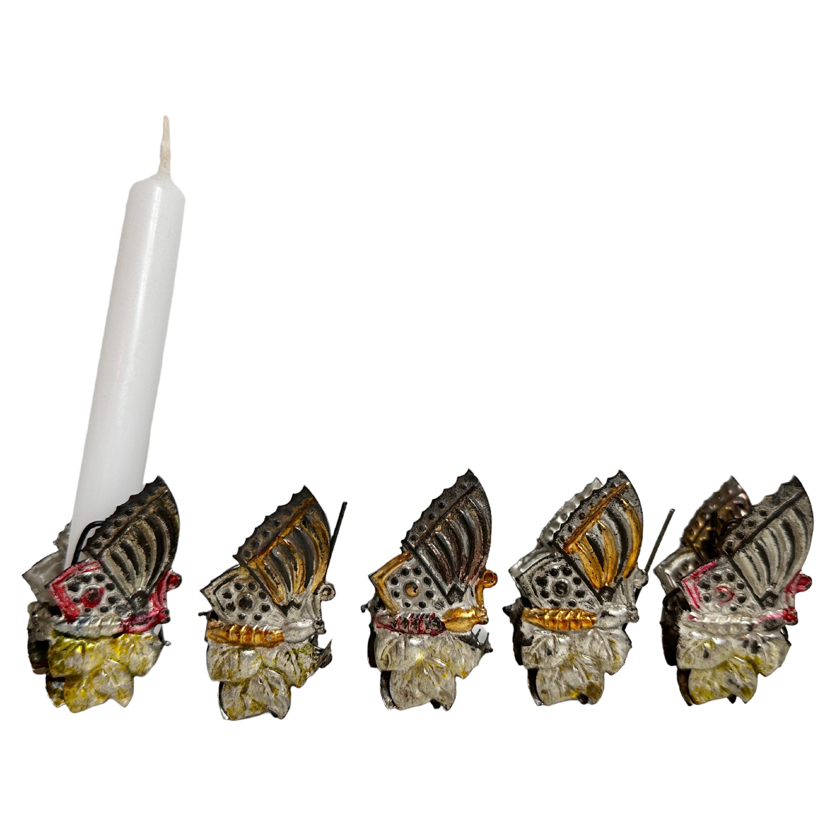 Set of Five Embossed Candleholders Clips Butterfly Antique German Christmas 1890