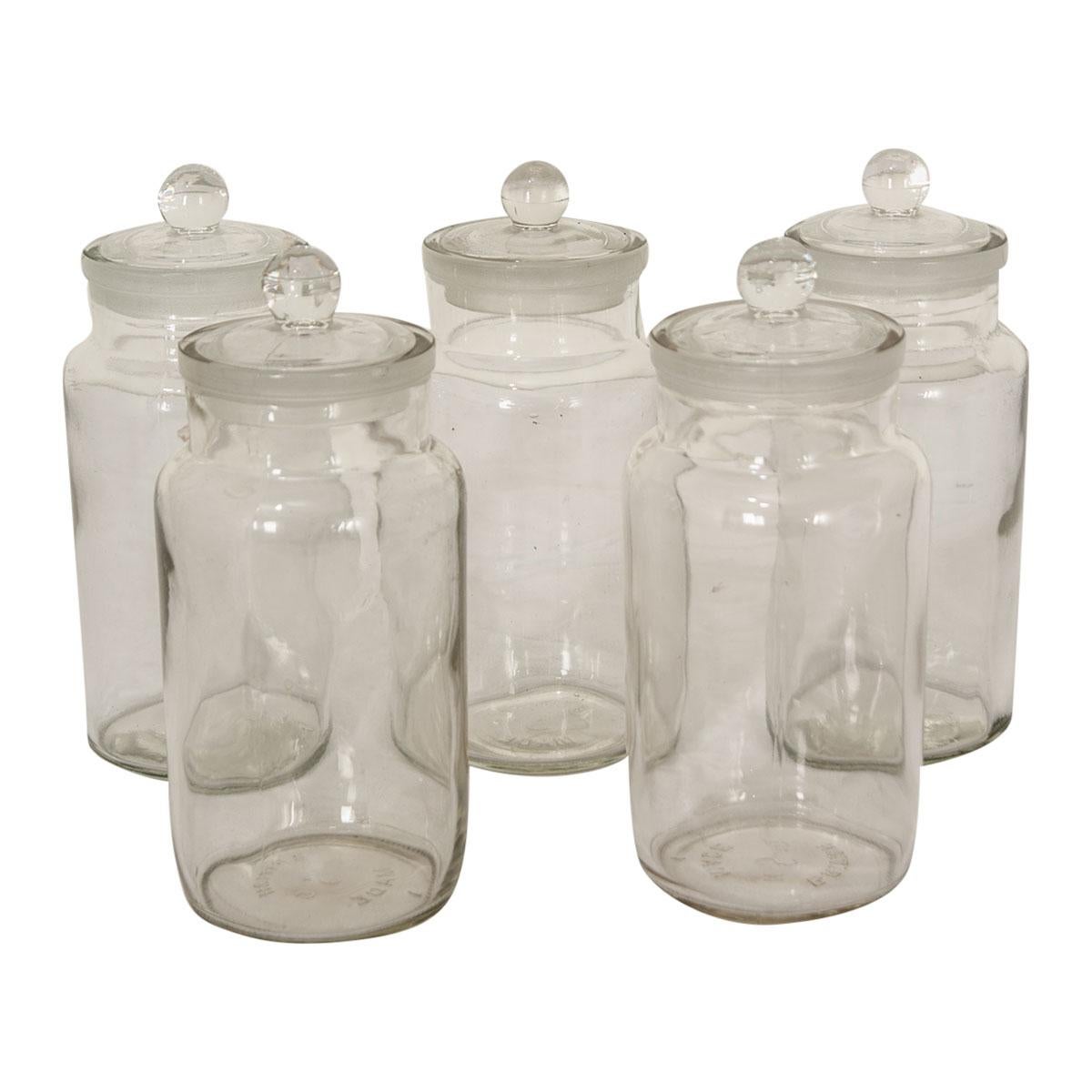 Set of Five English Lidded Glass Apothecary Jars For Sale